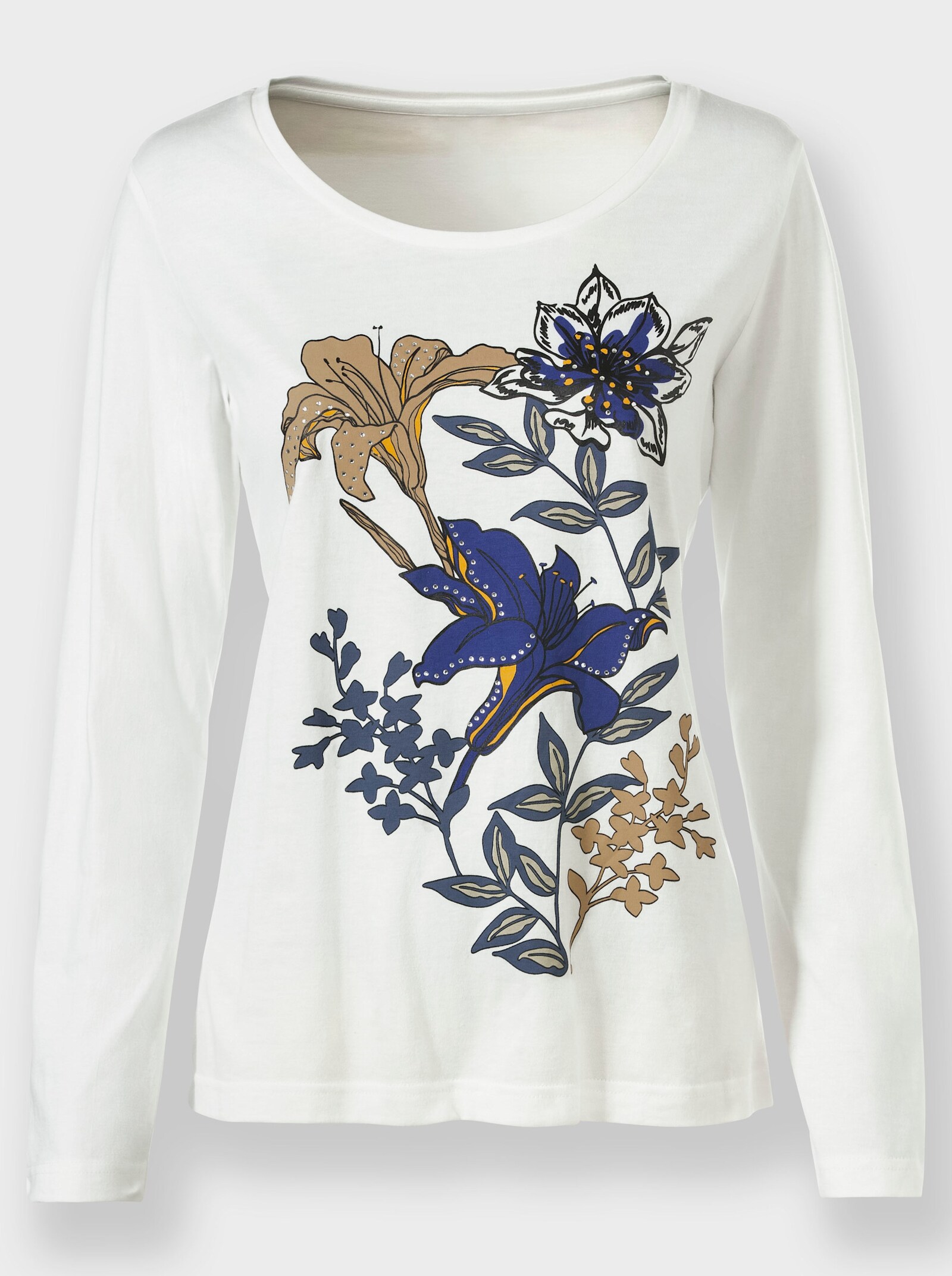 Shirt met lange mouwen en glittersteentjes - ecru/koningsblauw bedrukt