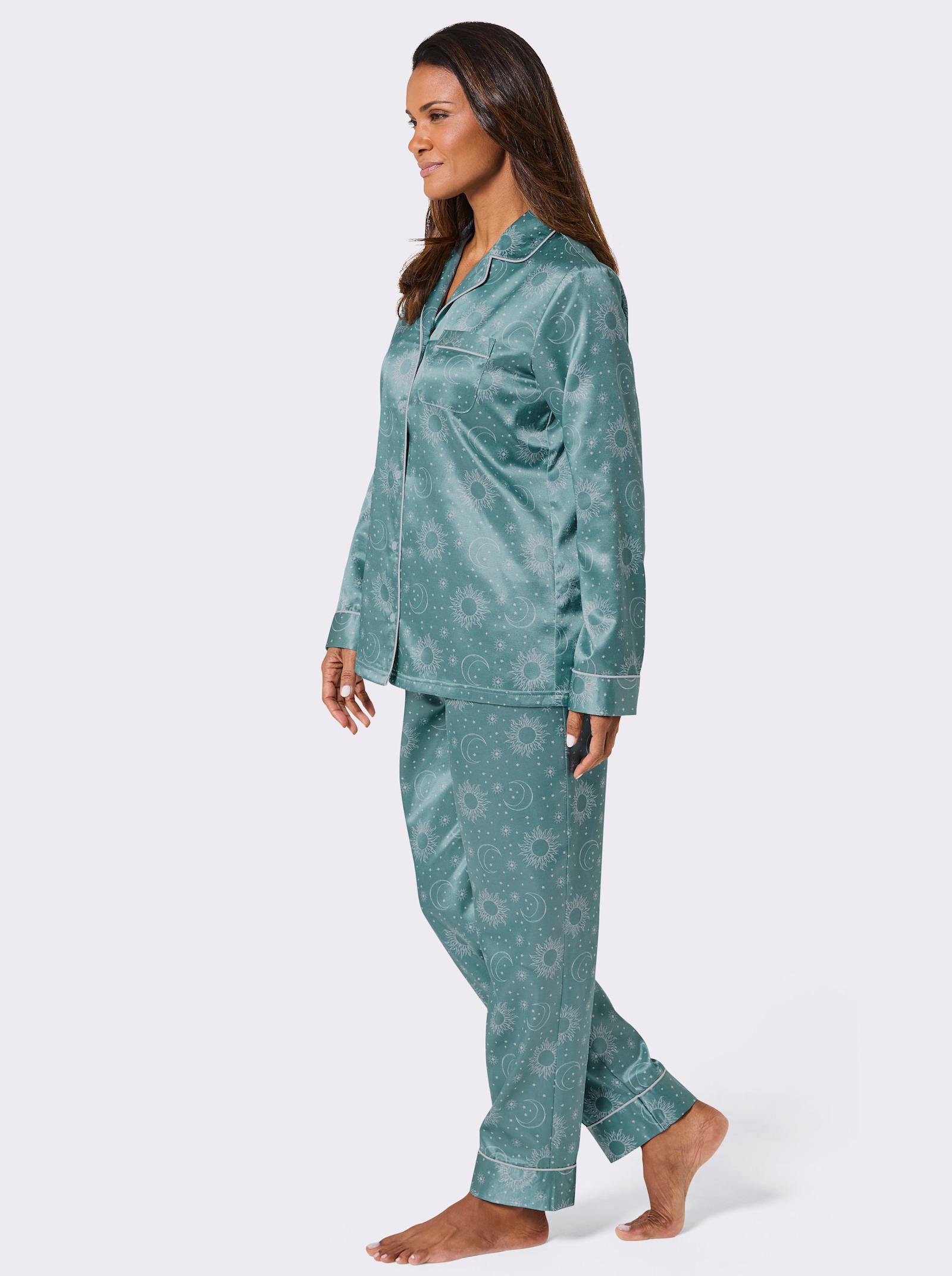 wäschepur Pyjama aus Satin - salbei-ecru-bedruckt