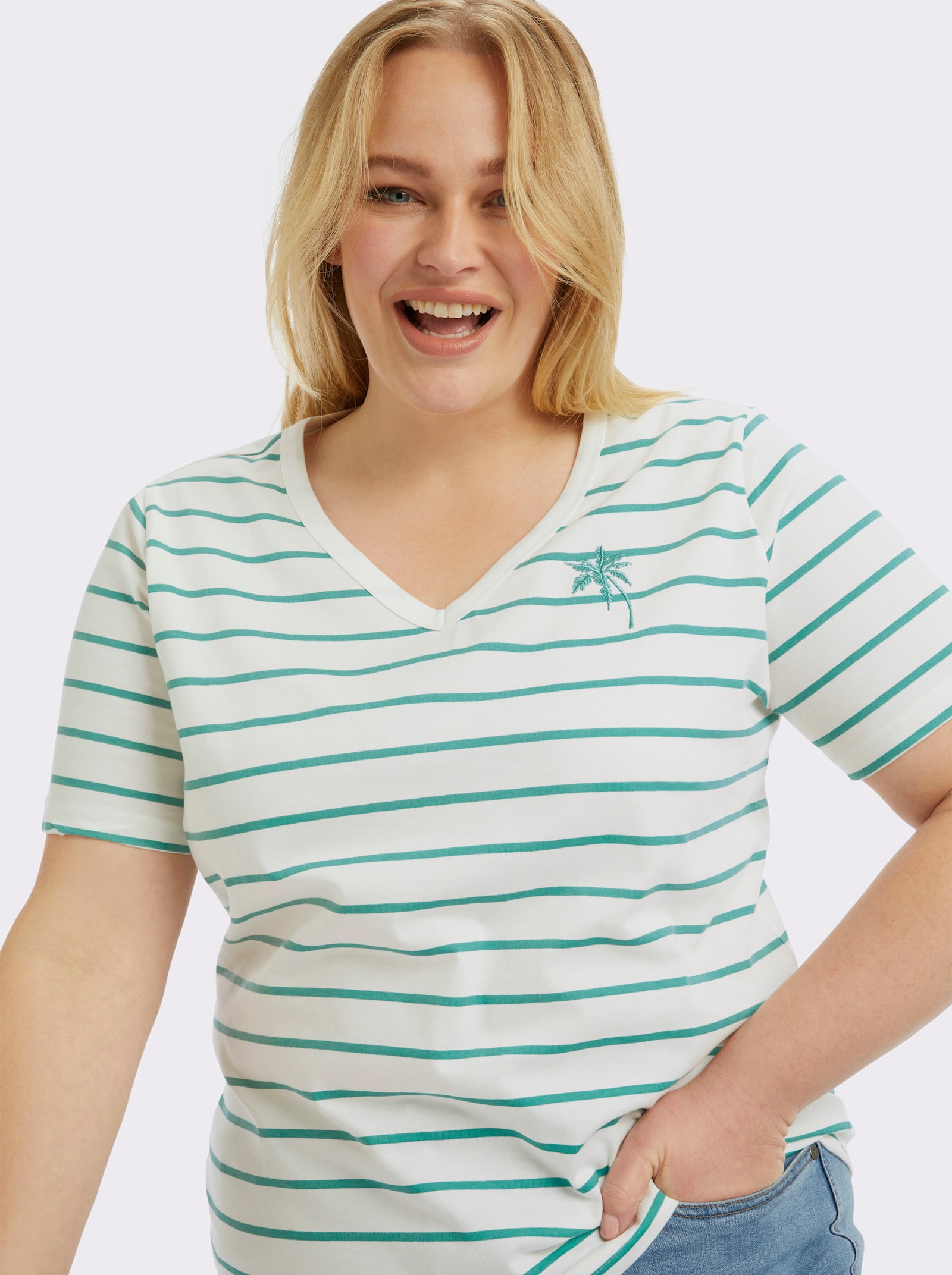  Shirt mit Stickerei, geringelt - salbei-ecru-geringelt