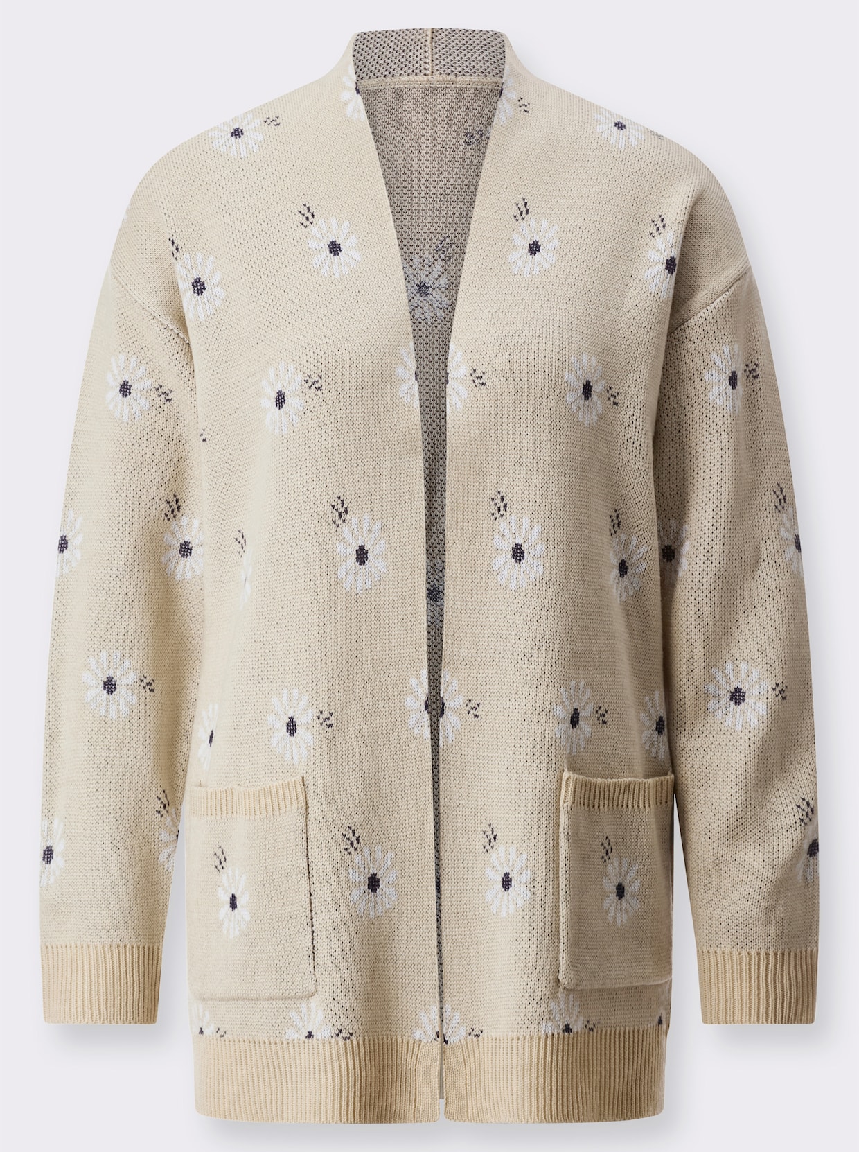 Lang gebreid vest - wit/marine gedessineerd
