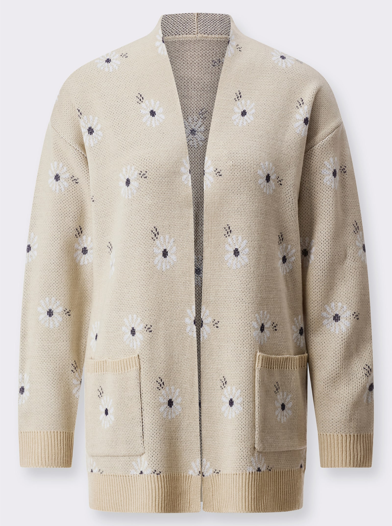 Lang vest met jacquard-margrietpatroon - wit/marine gedessineerd