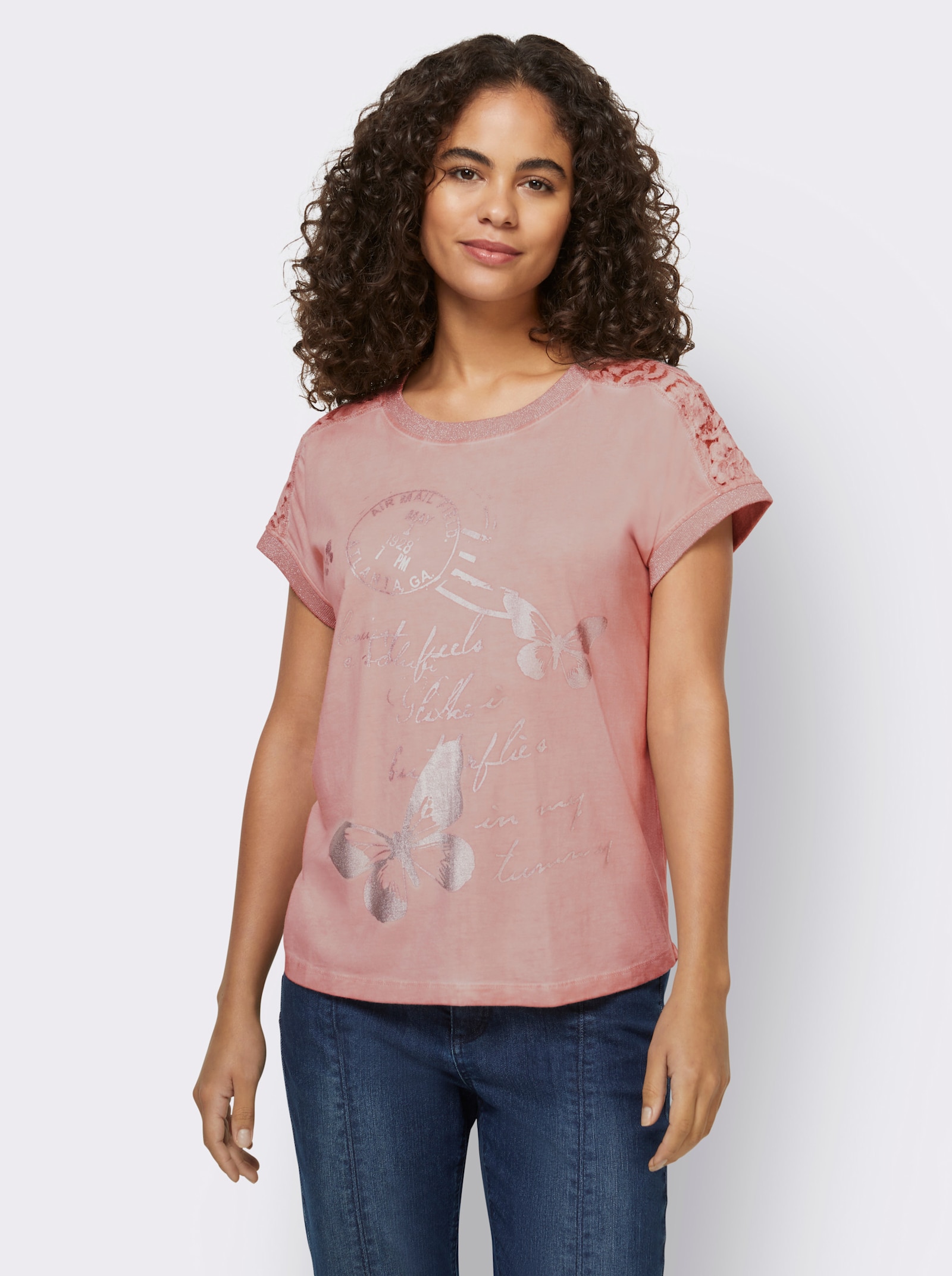 heine Kurzarmshirt mit Glanz-Details - puder