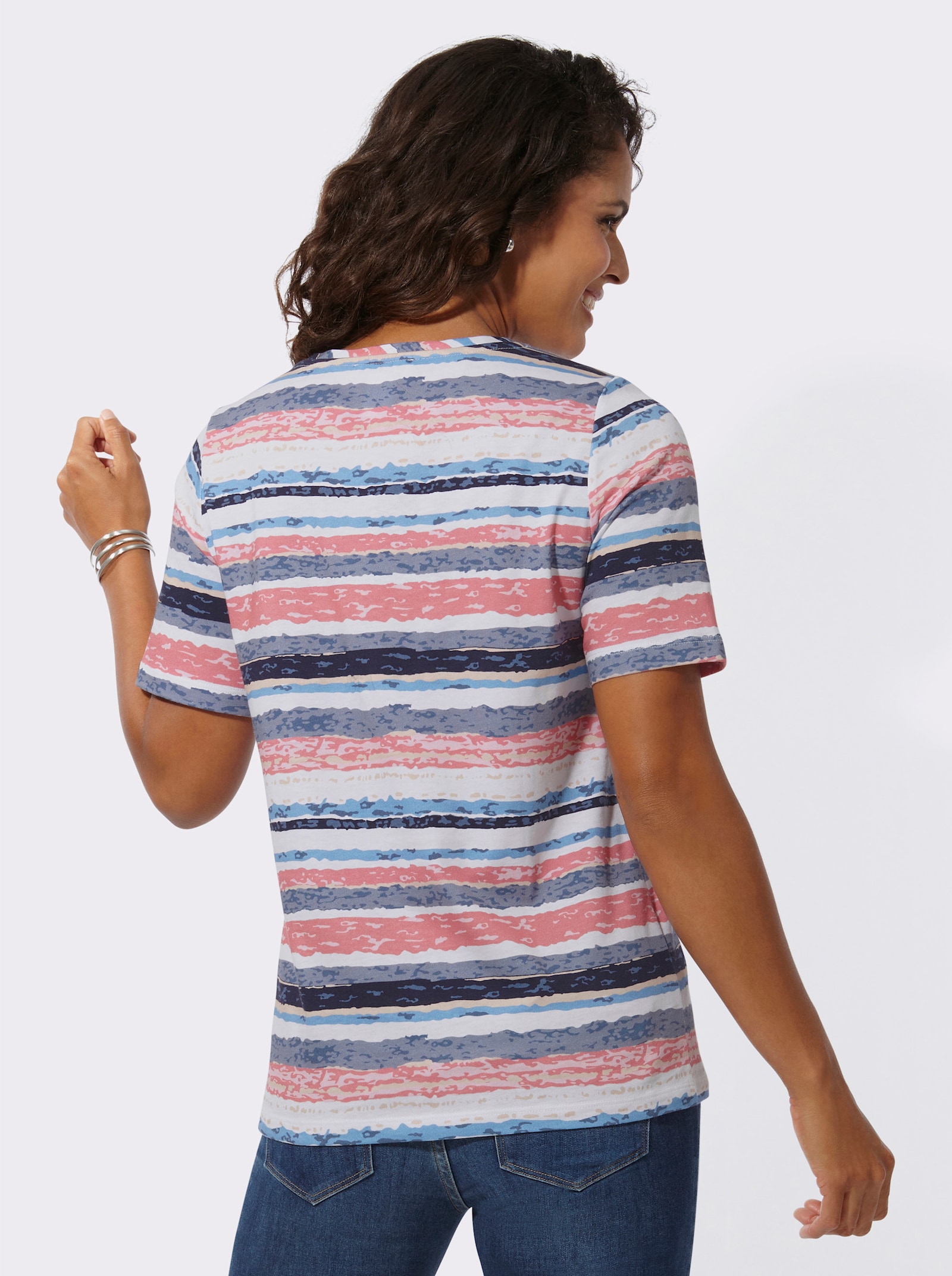 Kurzarmshirt im mehrfarbigen Ringel-Dessin - flamingo-taubenblau-bedruckt