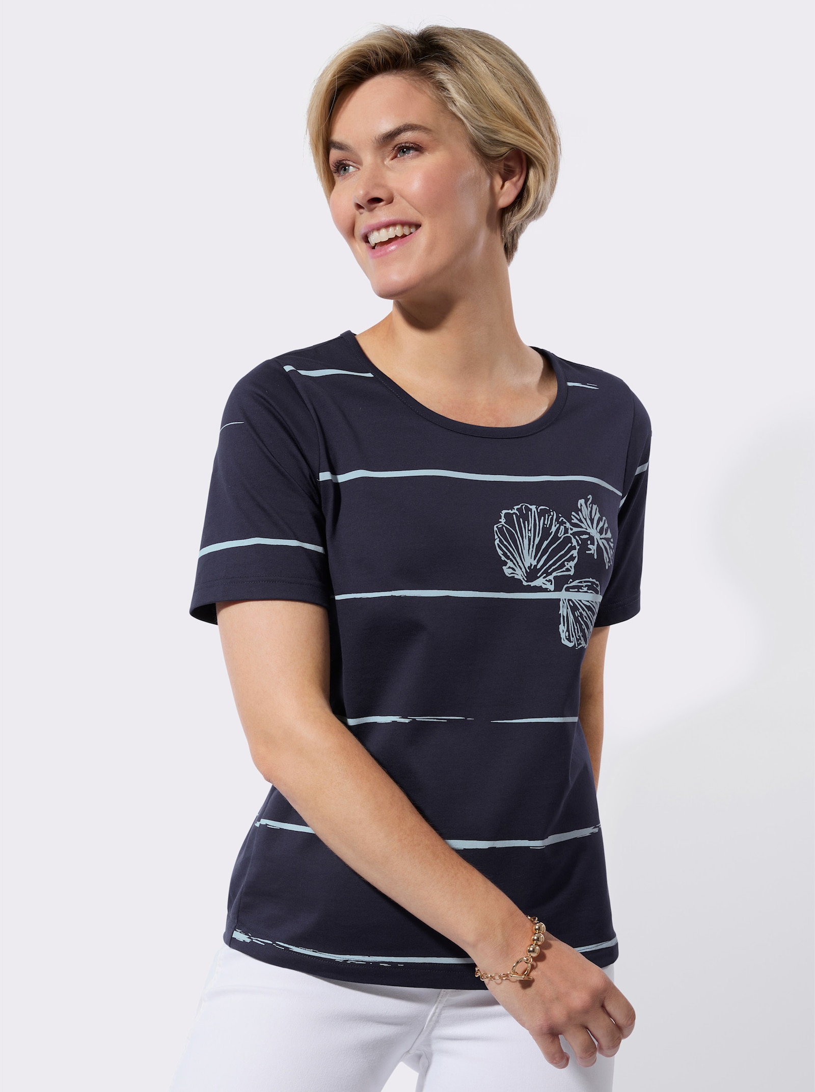 Kurzarmshirt - marine-hellblau-bedruckt