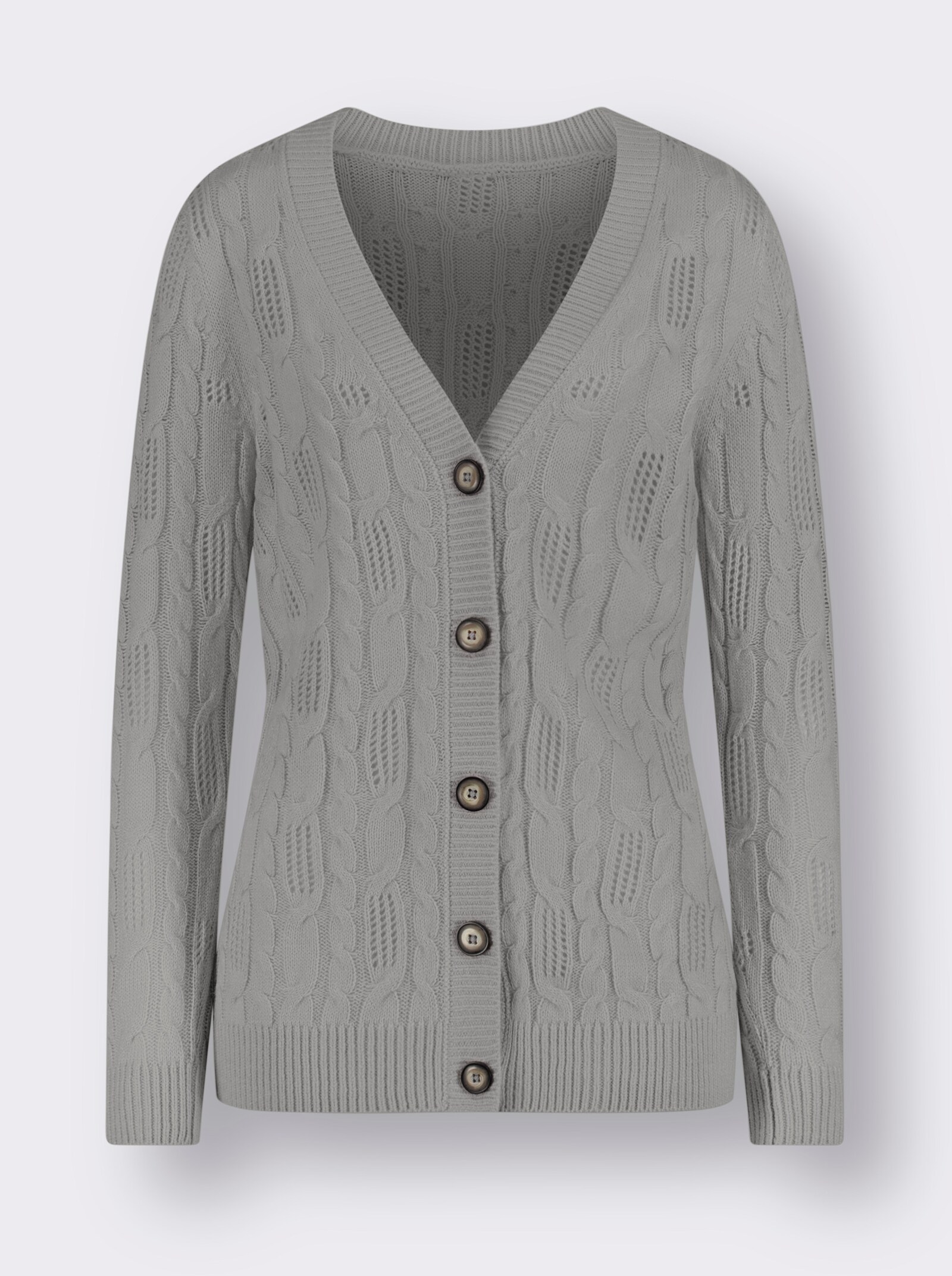 Pletený kabátek s ažurovým a copánkovým vzorem - kamenná šedá