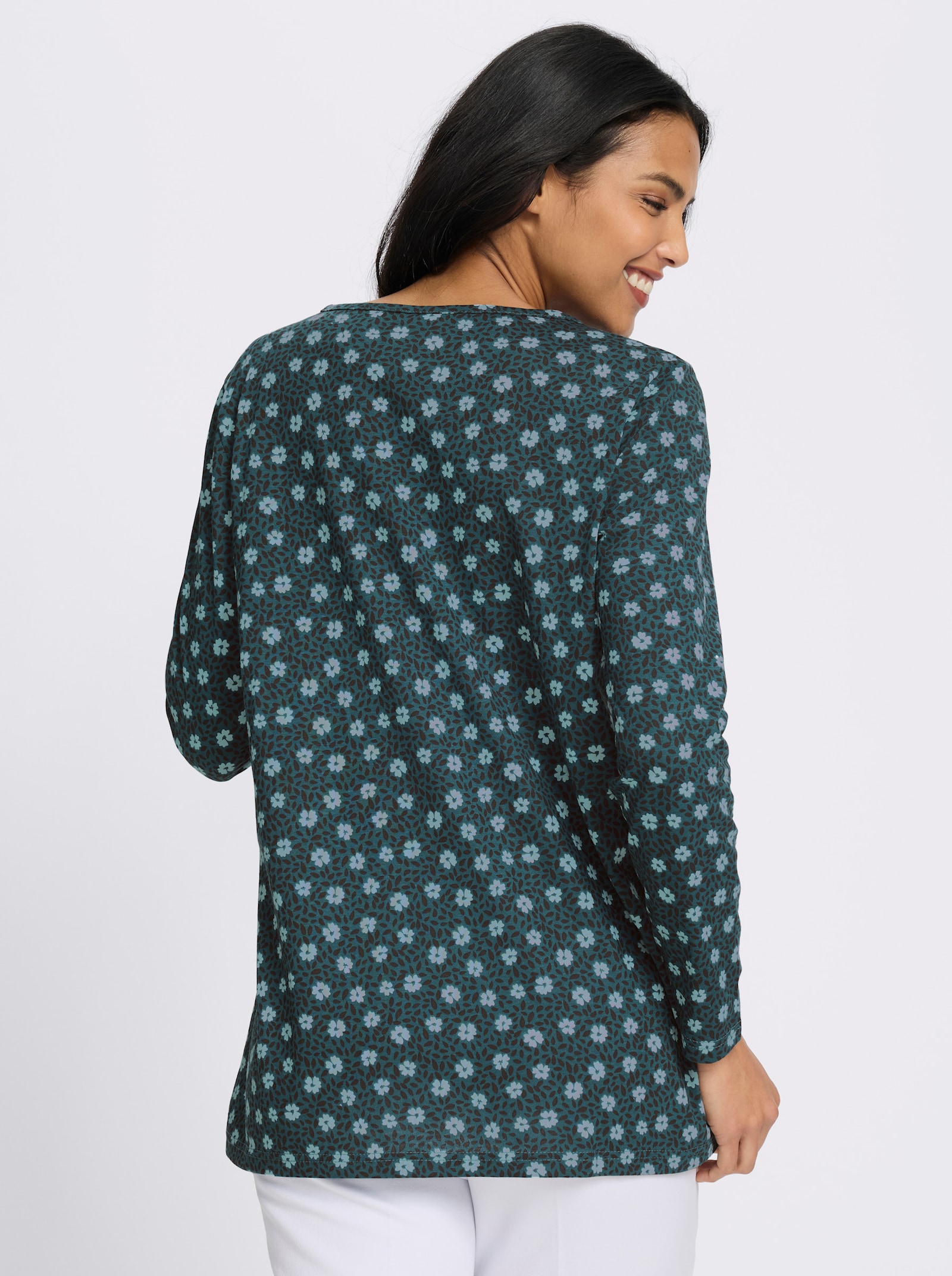 Longshirt in A-Linie - petrol-salbei-bedruckt