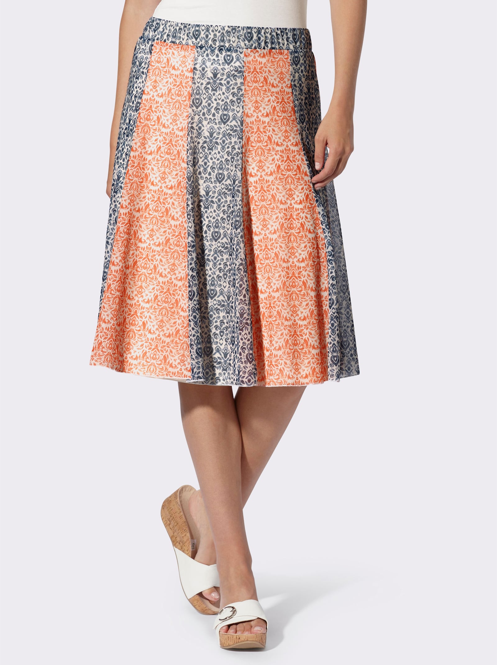 heine Bahnenrock in Mesh-Qualität - orange-taubenblau-bedruckt