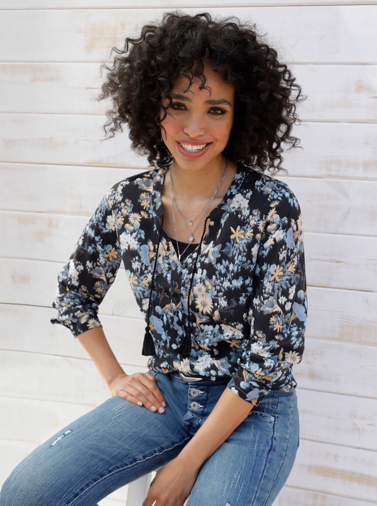 heine Blouse met print - Zwart/lichtblauw bedrukt