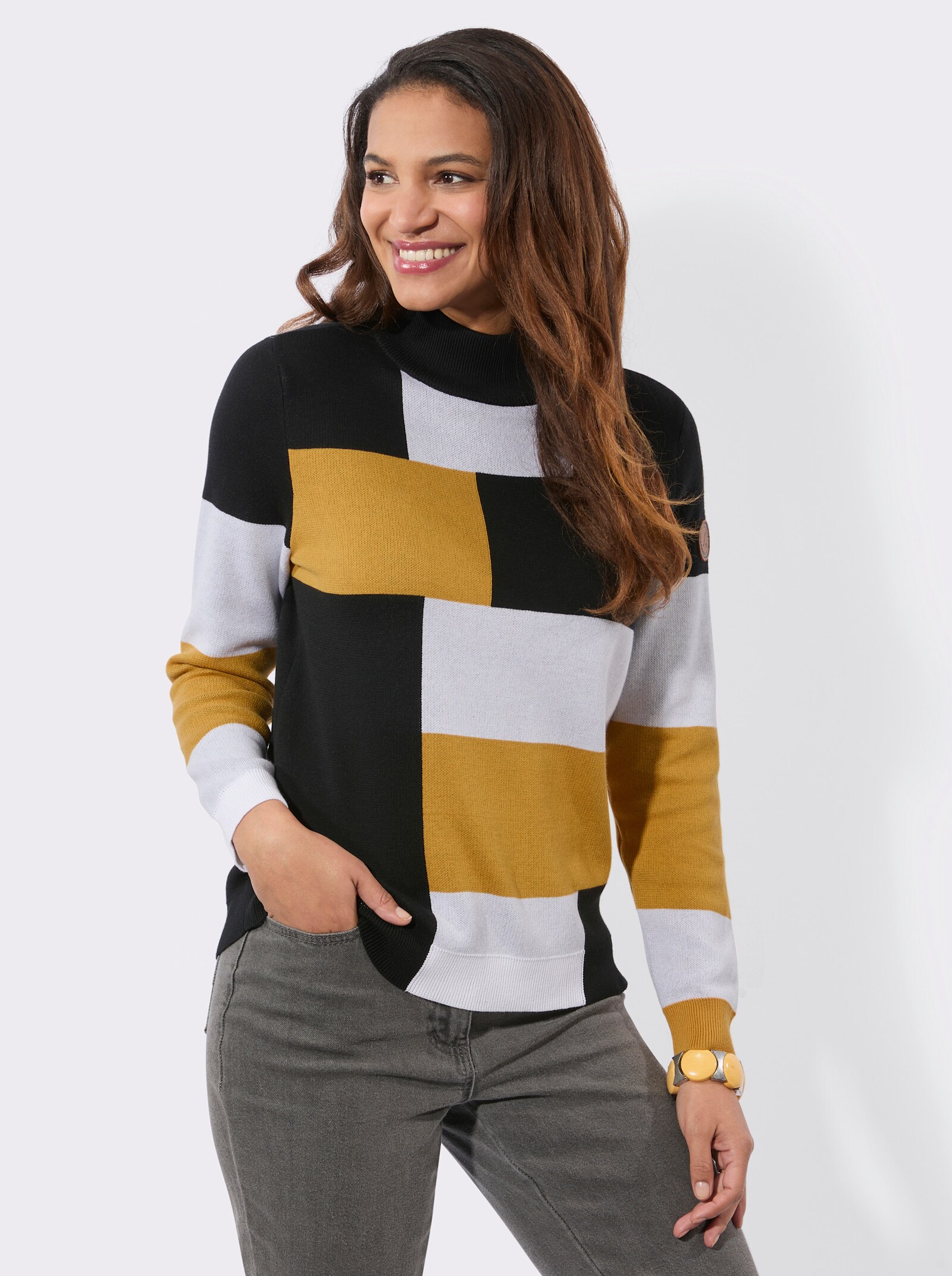 Langarm-Pullover mit Stehkragen - ocker-schwarz-gemustert