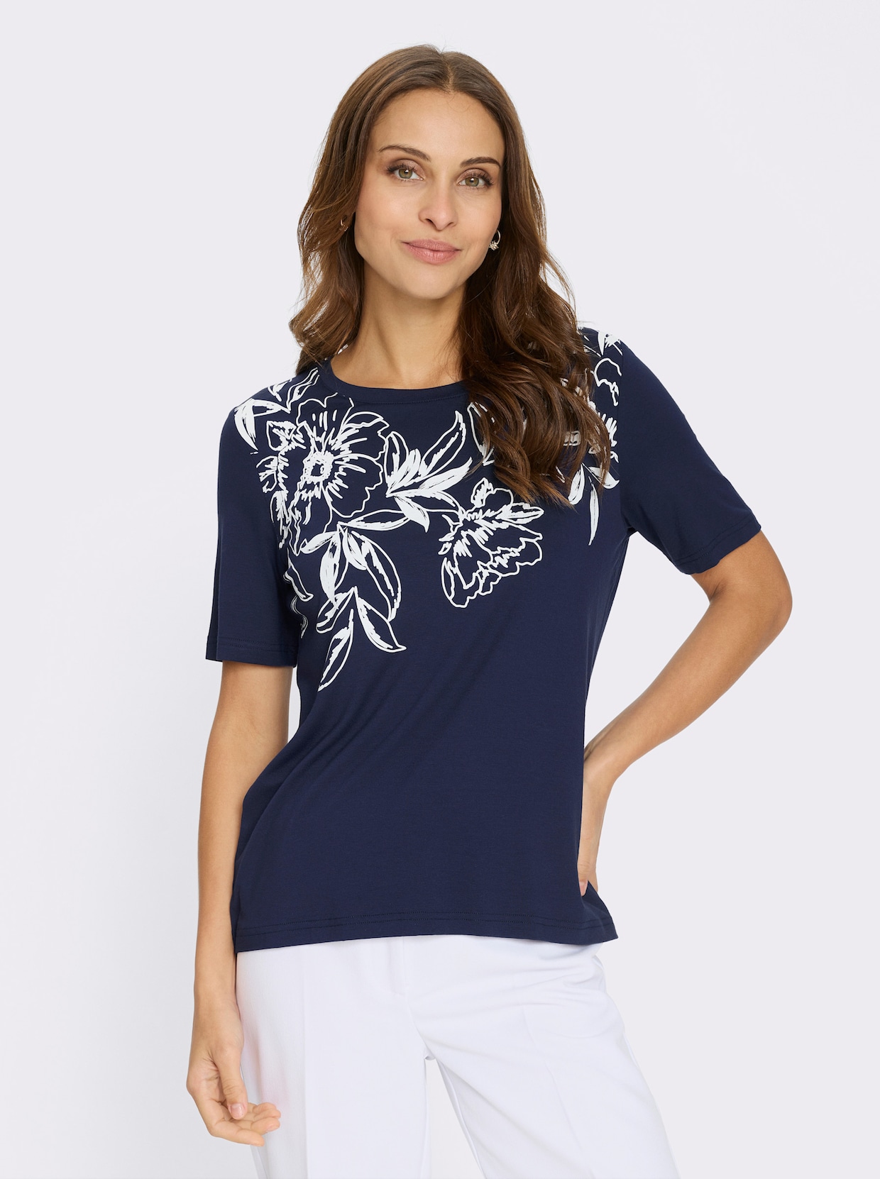 Kurzarmshirt - marine-weiß-bedruckt