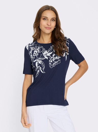 Kurzarmshirt mit floralem Druck - marine-weiß-bedruckt