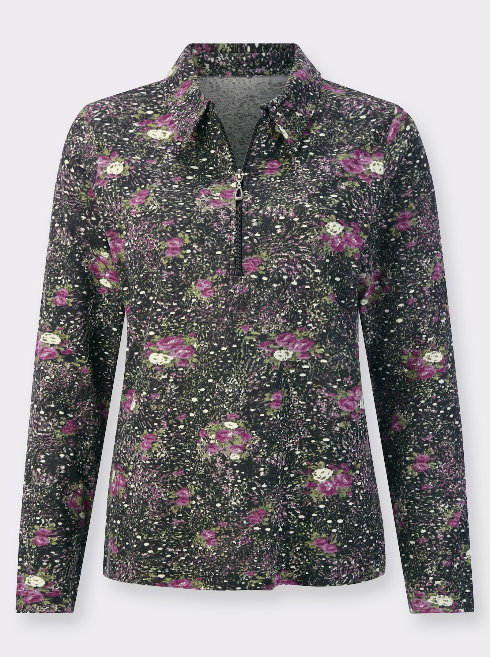 Langarm-Poloshirt in hautsympathischem Single-Jersey - schwarz-violett-bedruckt