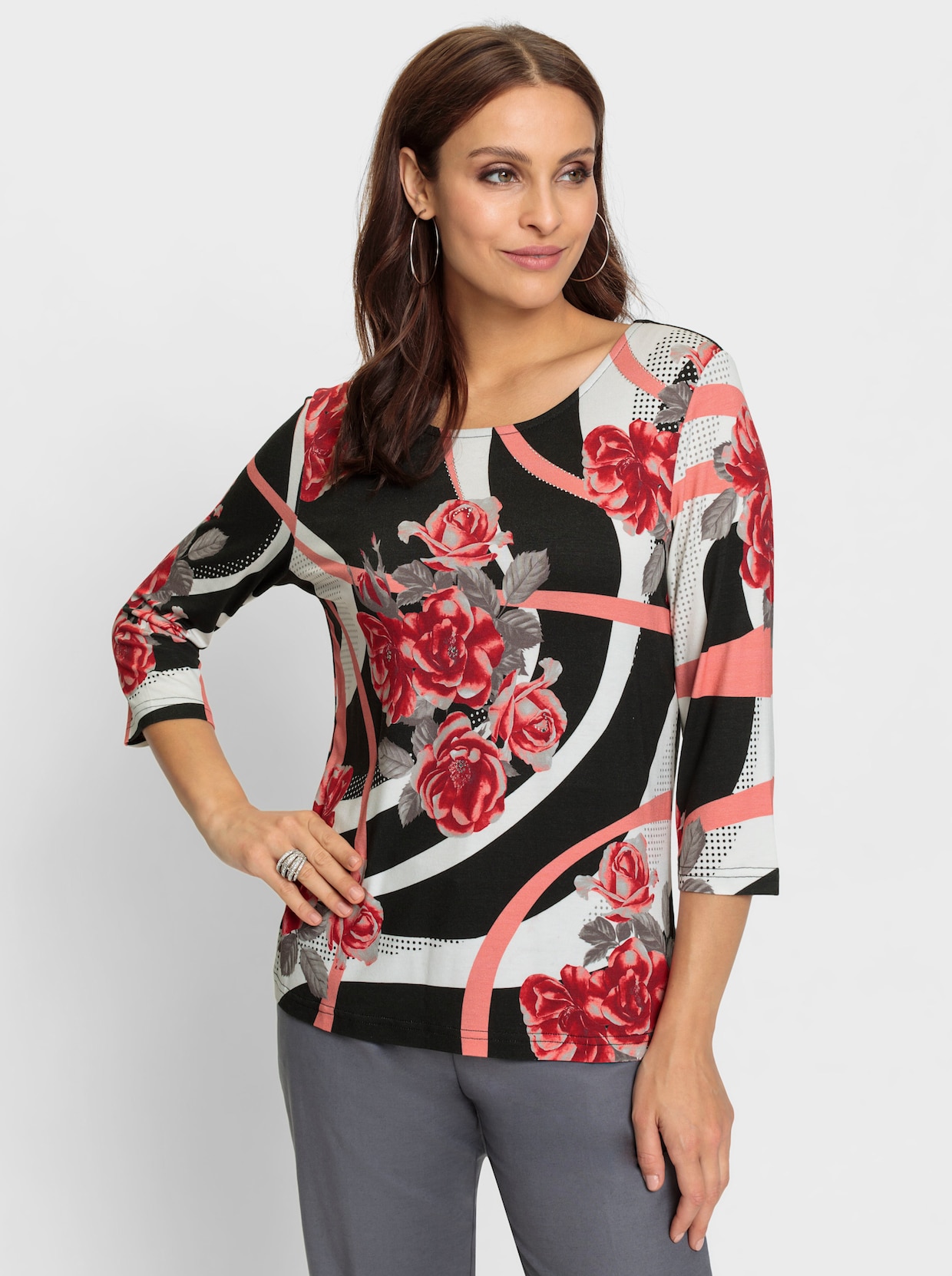 Shirt met 3/4-mouw - rood/zwart geprint