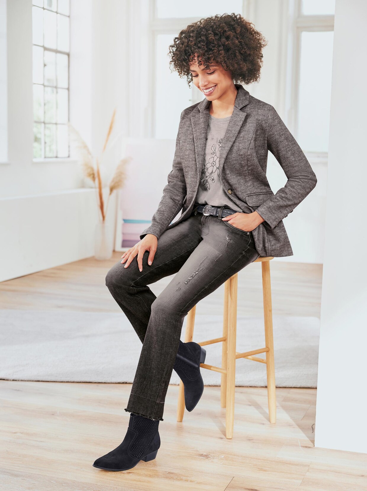 Linea Tesini Jersey-Blazer - steingrau-graphit-kariert