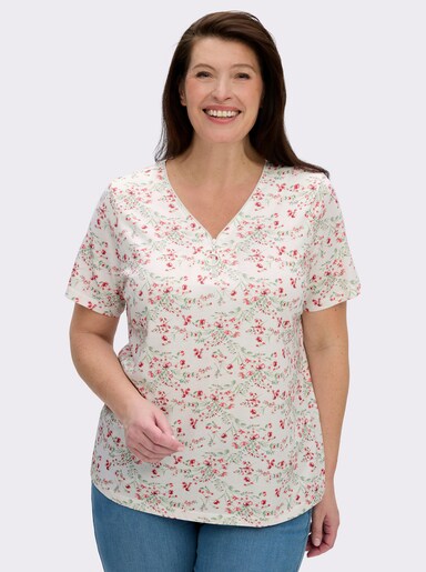 Kurzarmshirt mit Reissverschluss am Ausschnitt - ecru-hellrosé-gemustert