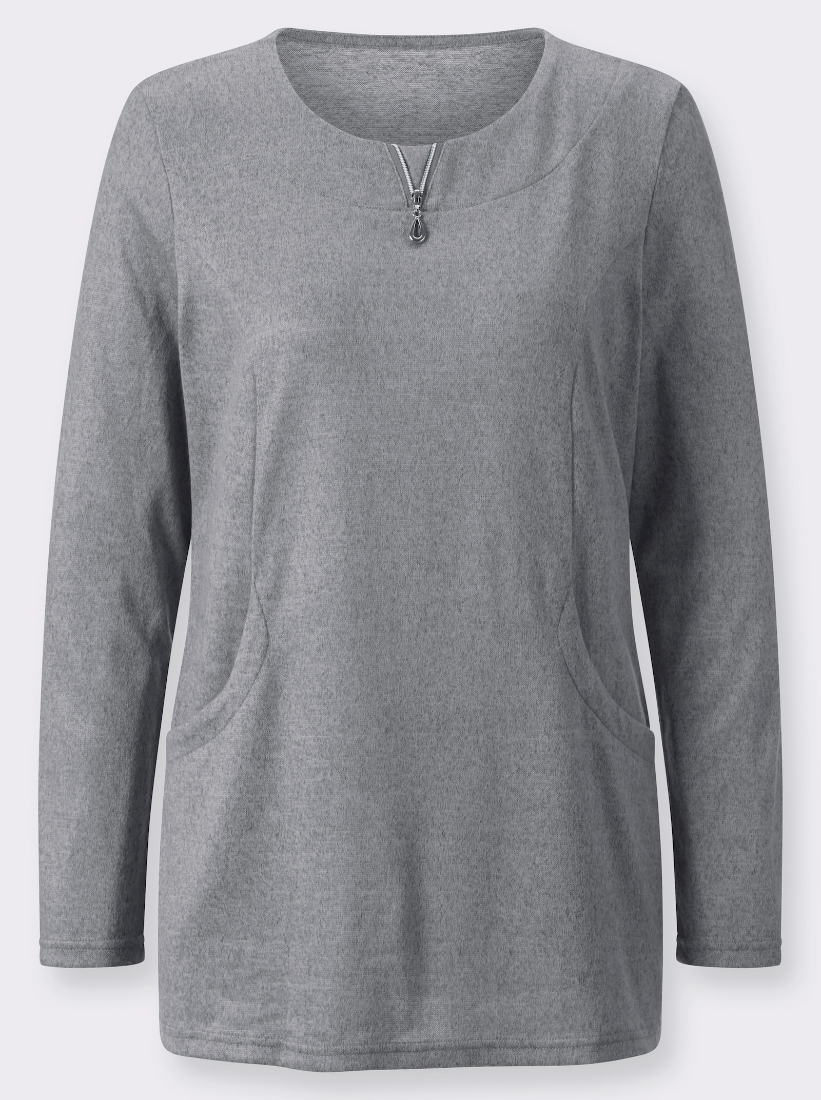 Langarmshirt in angerauter Qualität - hellgrau-schwarz-meliert