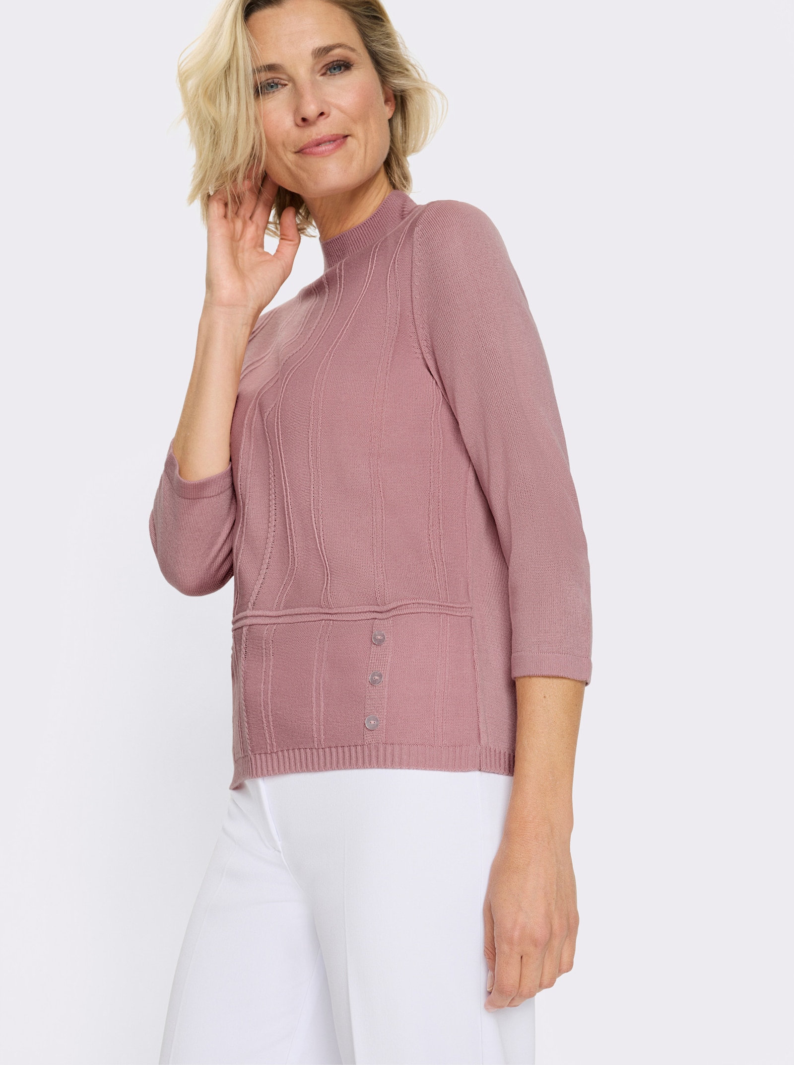 3/4 Arm-Pullover mit Zierknopfleiste - hortensie