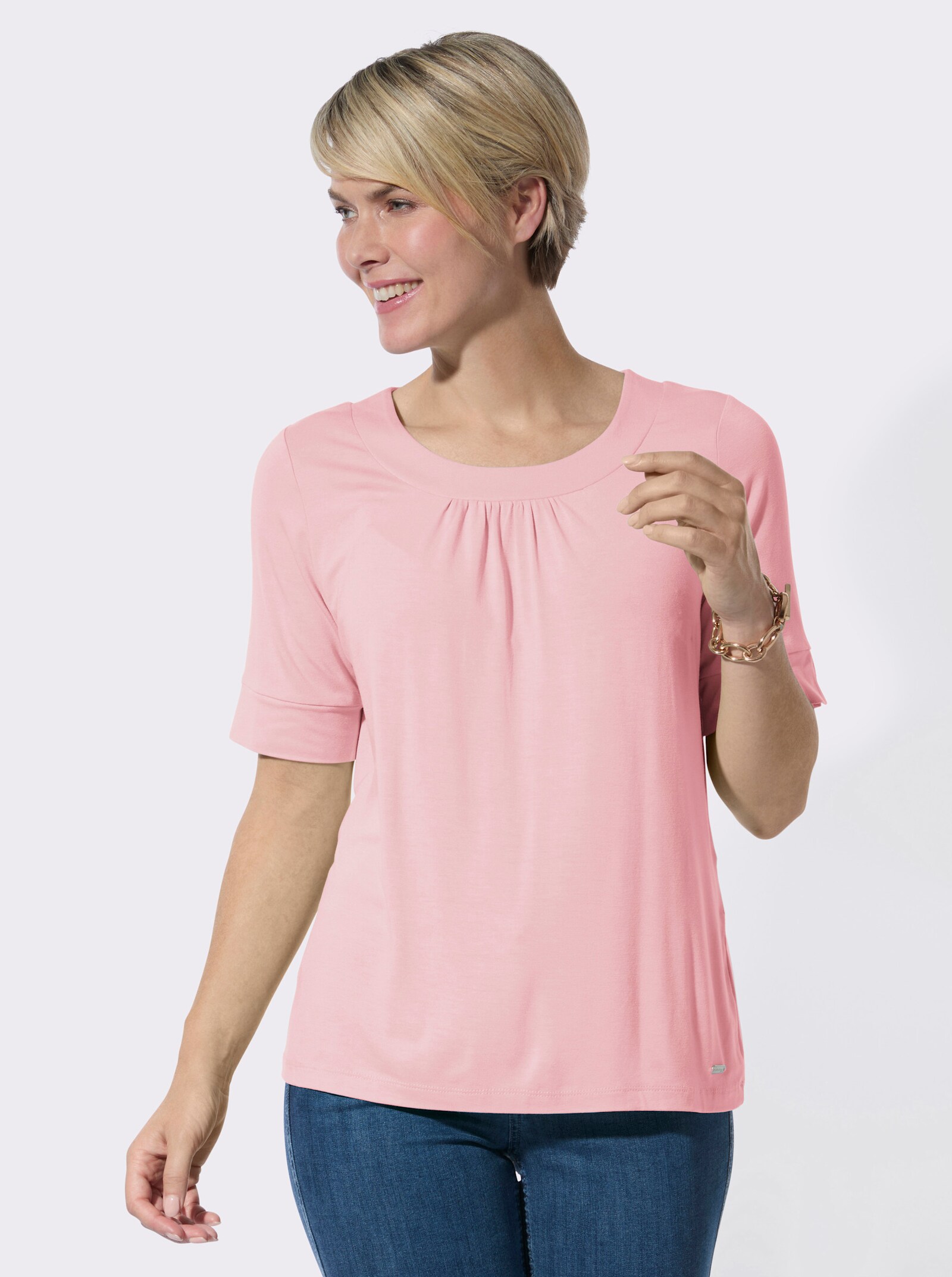 Rundhalsshirt mit dezenter Raffung - rosé