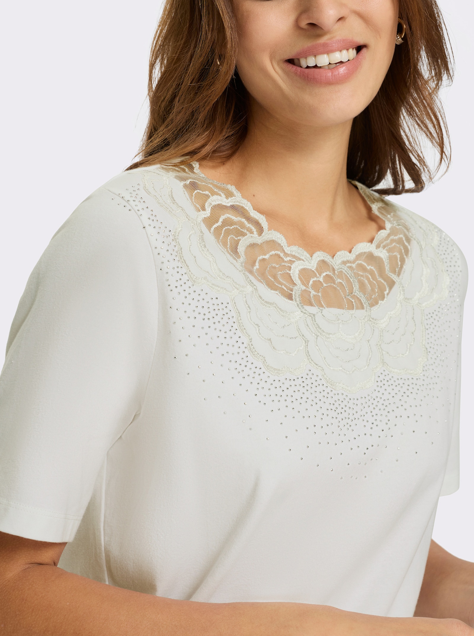 Kurzarmshirt mit Spitzeneinsatz - ecru