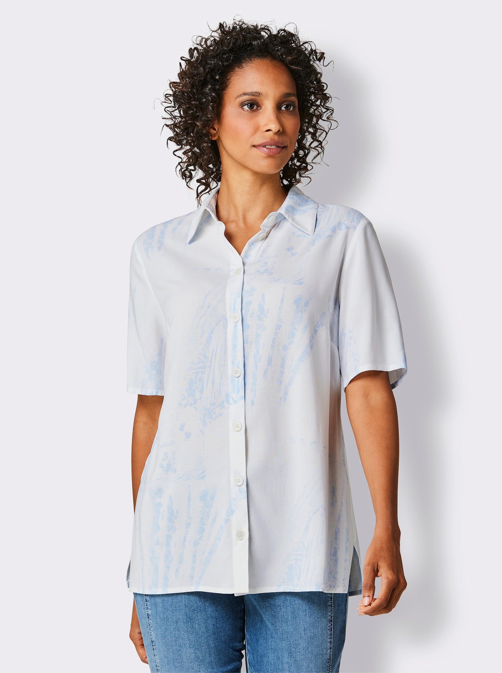 Overhemdblouse met schoudervullingen - wit/ijsblauw