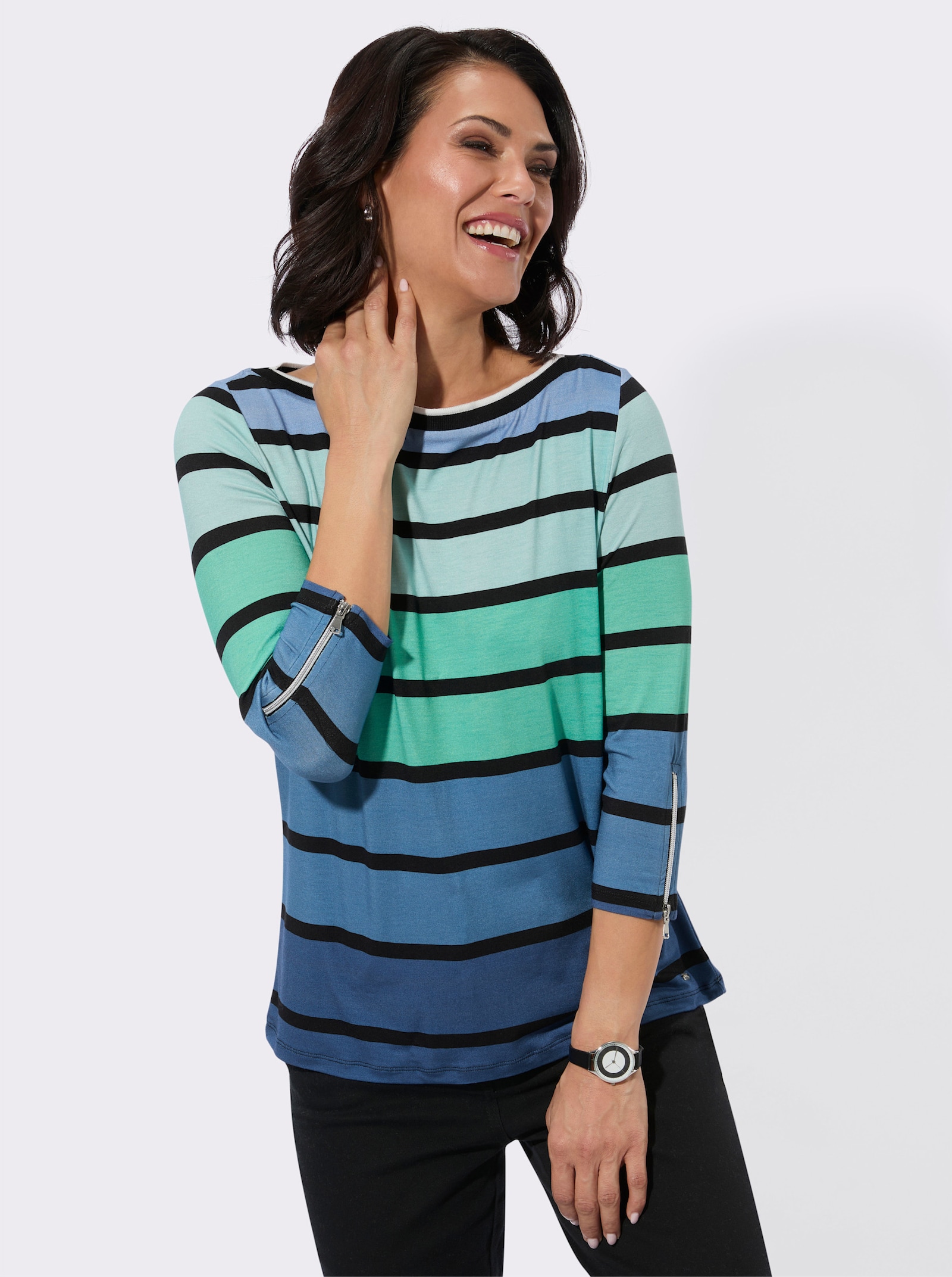 3/4-Arm-Shirt mit U-Boot-Ausschnitt - blaugrün-schwarz-geringelt