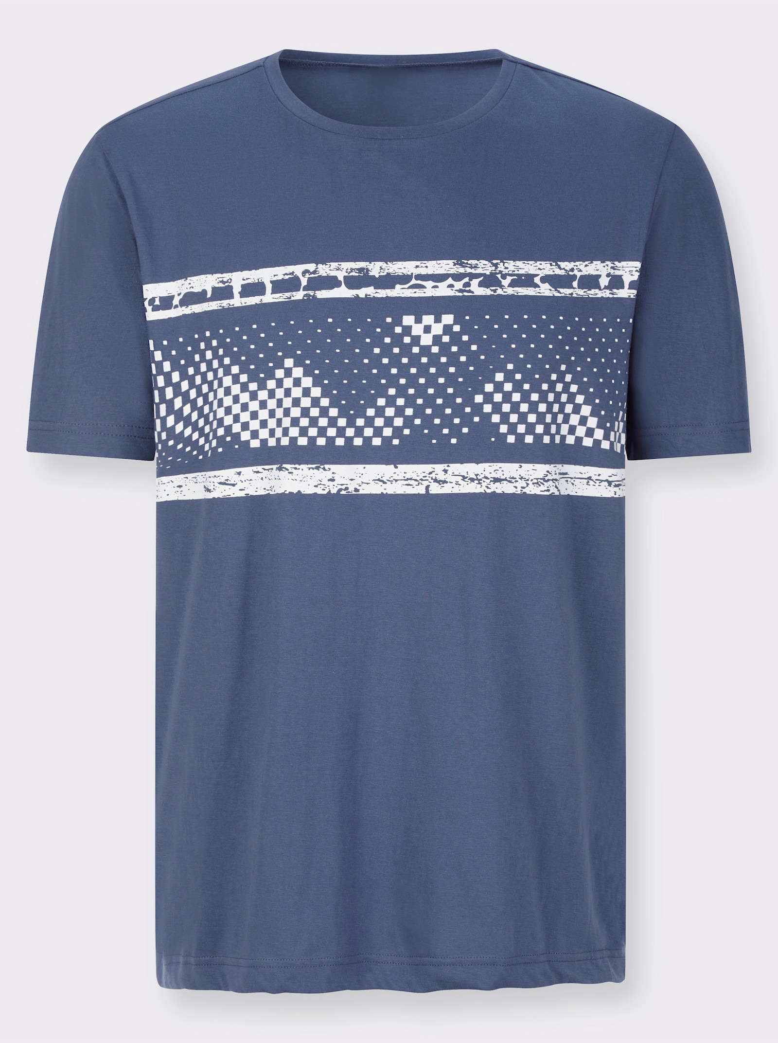 Tričko s kulatým výstřihem a potiskem na předním dílu - džínová modrá-bílá