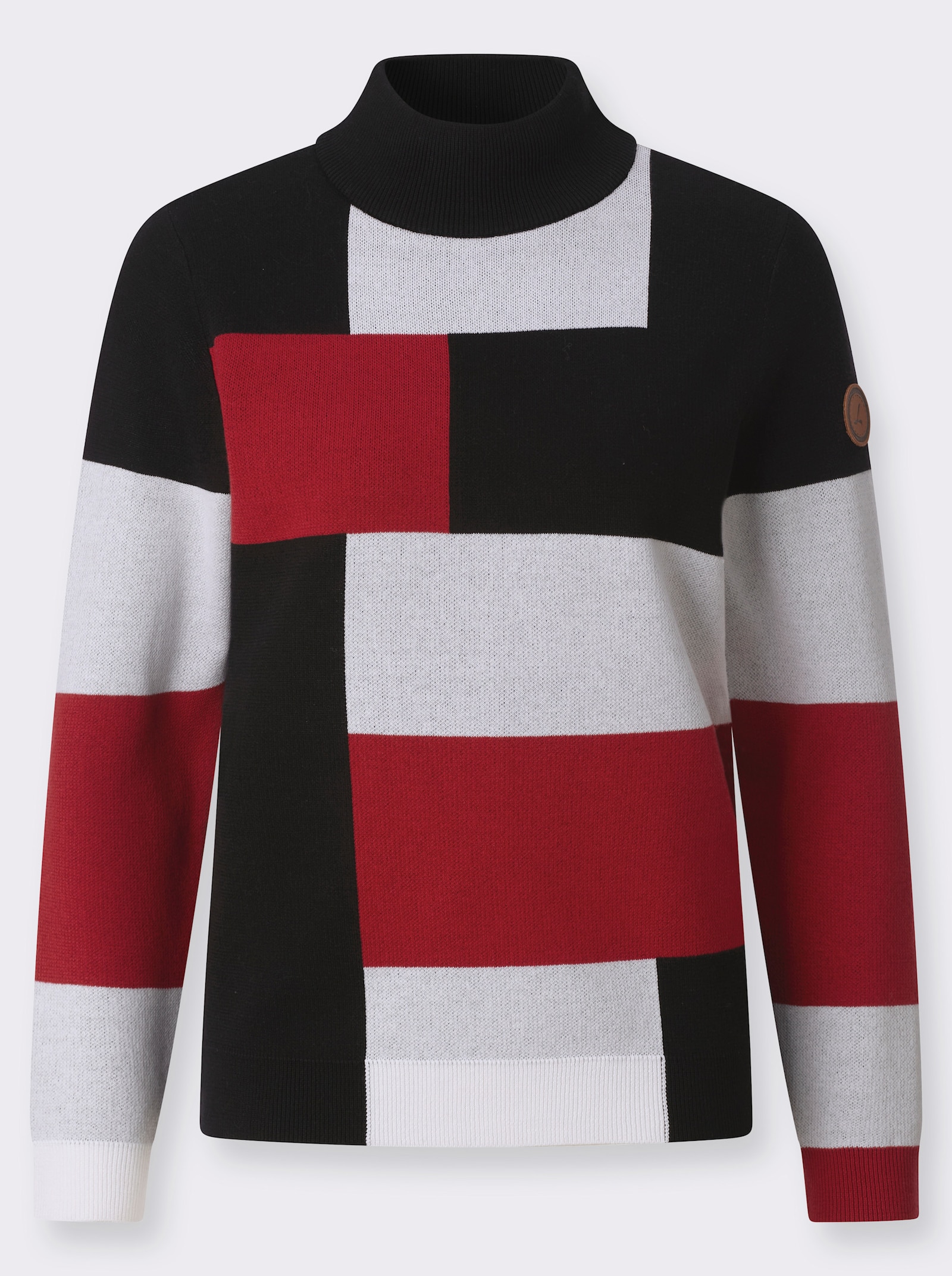 Langarm-Pullover mit Stehkragen - rot-schwarz-gemustert