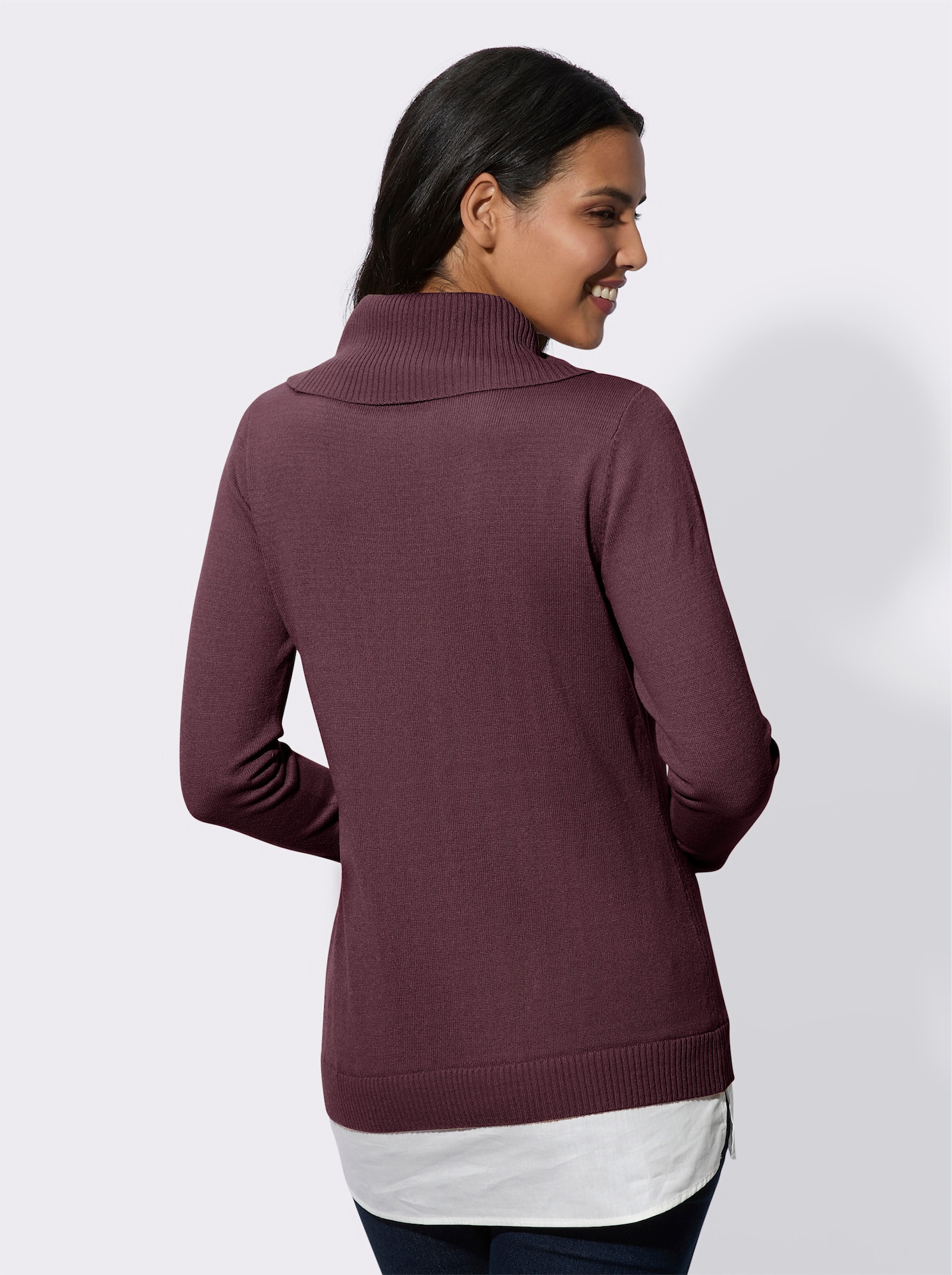 2-i-1-tröja med vid polokrage - vinröd-vit