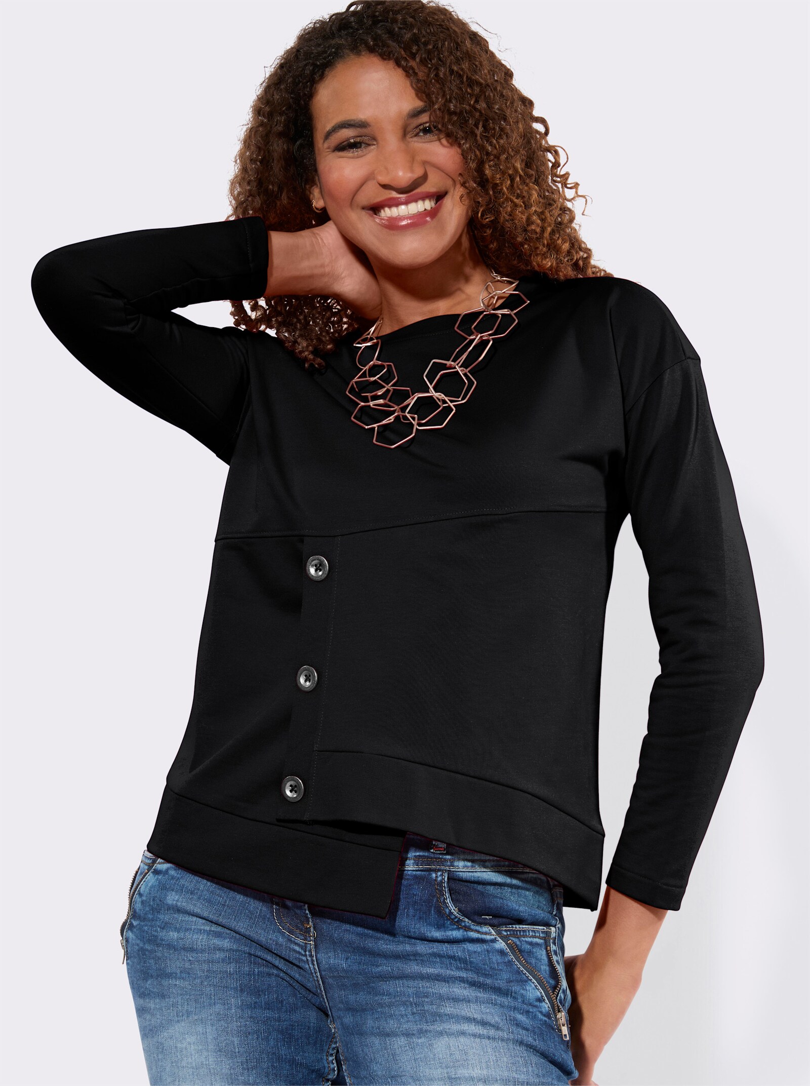 Sweatshirt mit Zierknöpfen vorne - schwarz