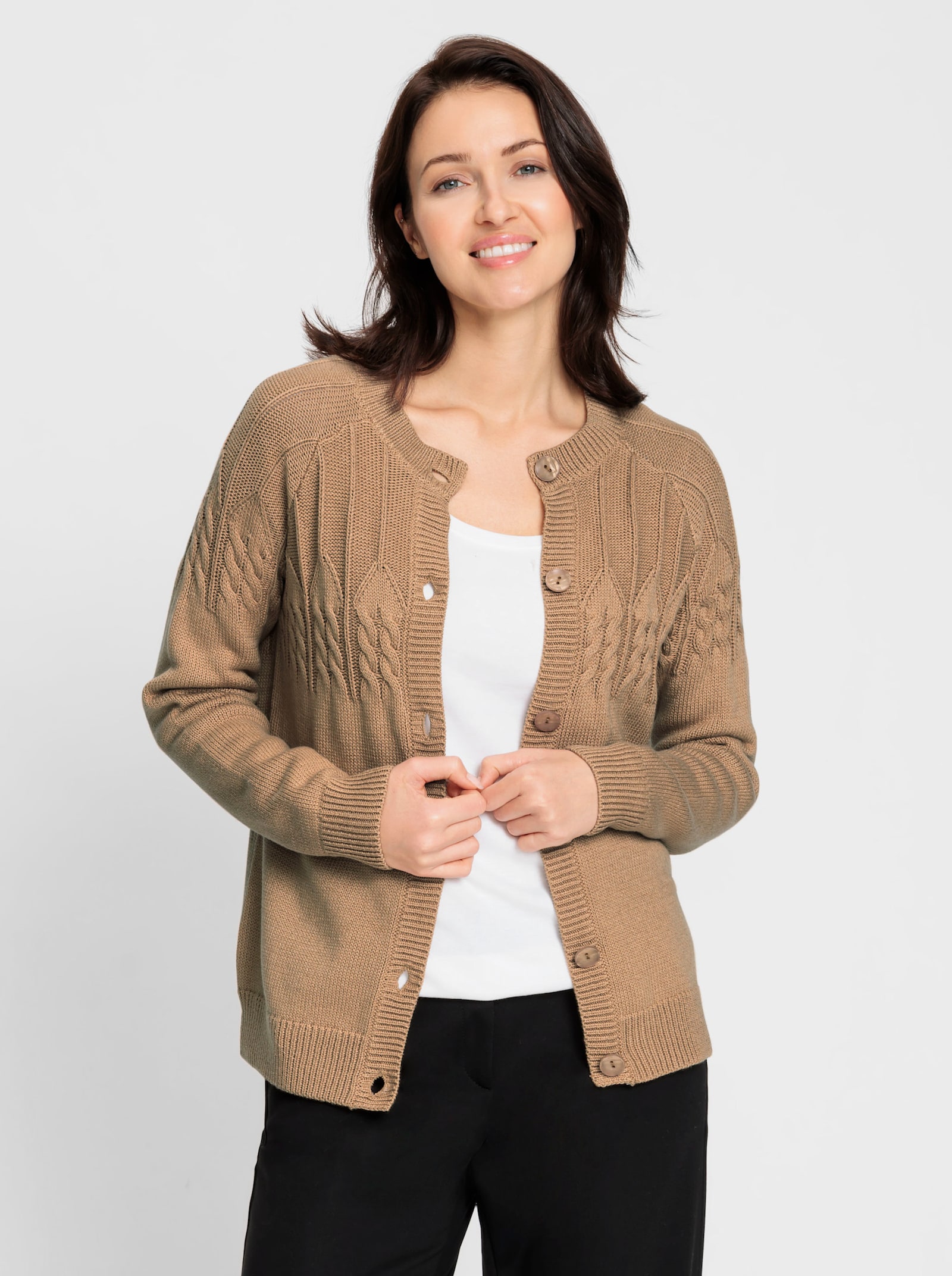 Strickjacke mit Raglan-Ärmeln - camel-meliert