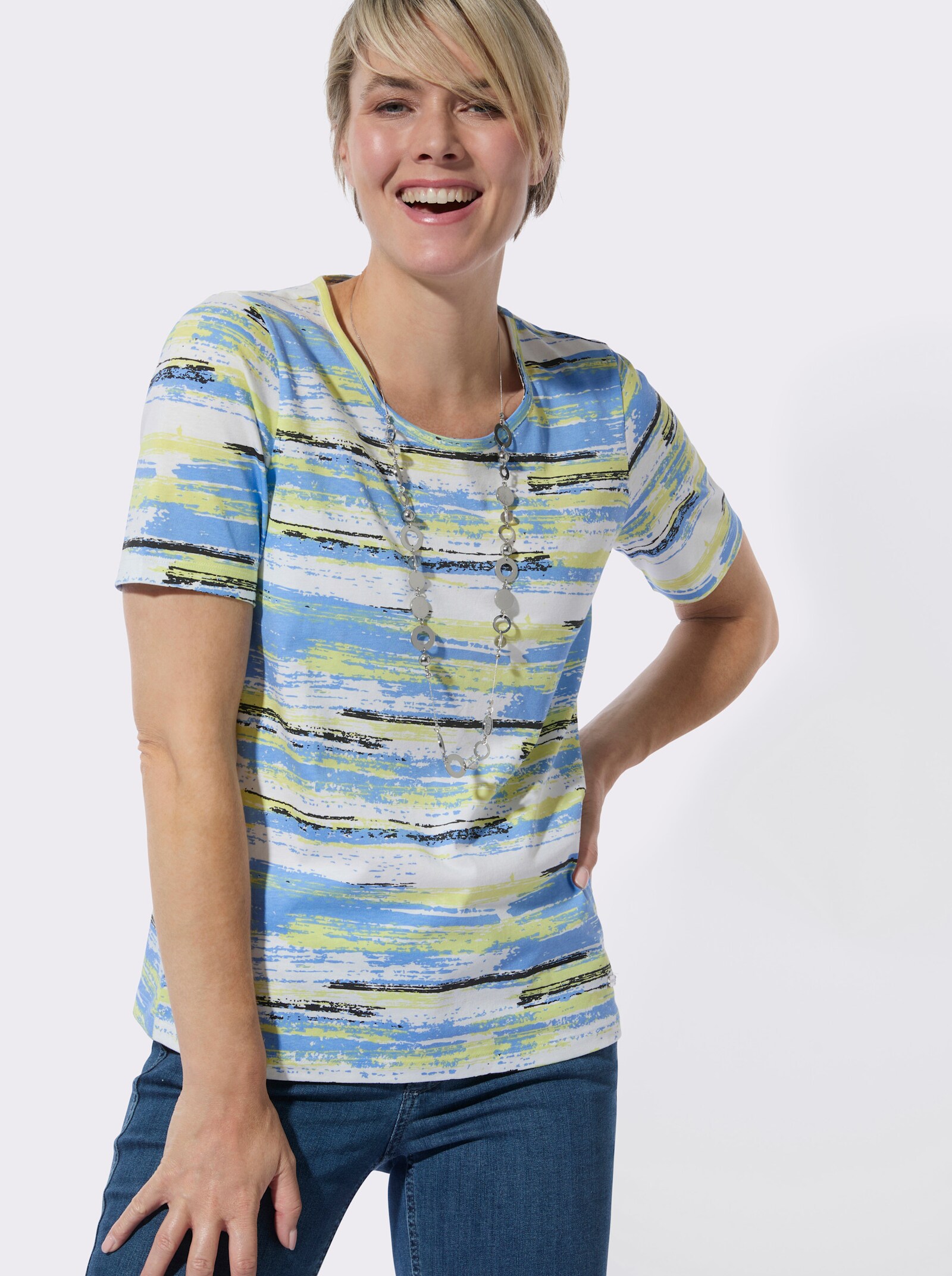 Rundhalsshirt aus reiner Baumwolle - himmelblau-pistazie-bedruckt