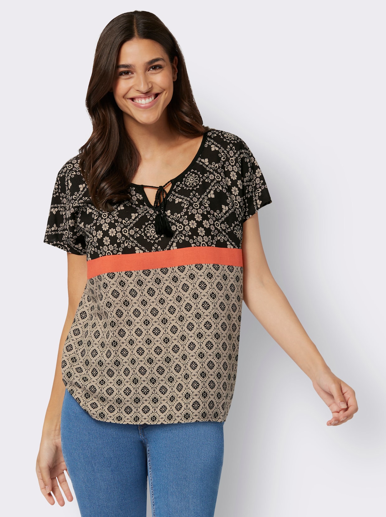 Comfortabele blouse - zwart/beige geprint