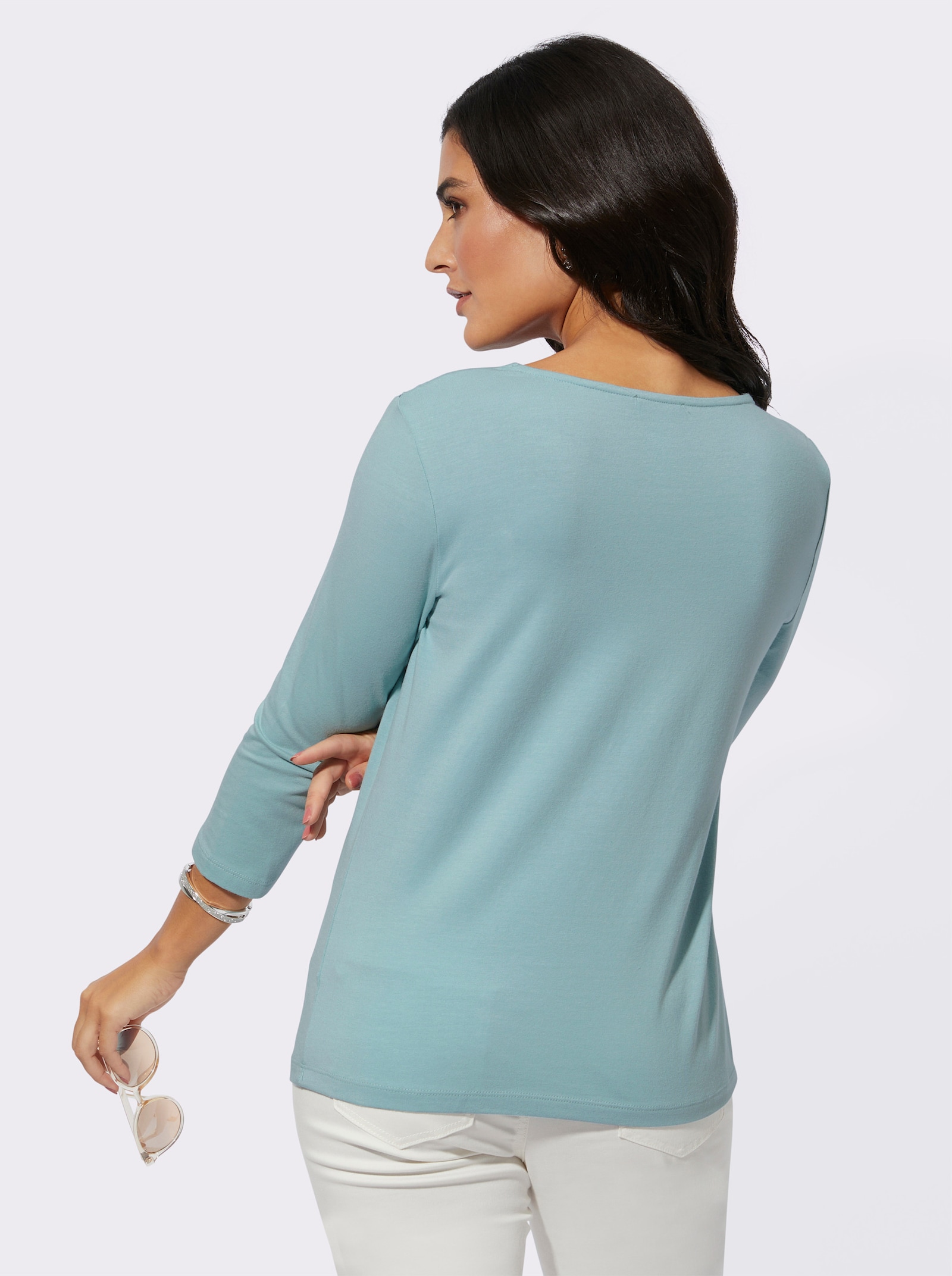 Shirt met V-hals en bloemenkant - kalkmint