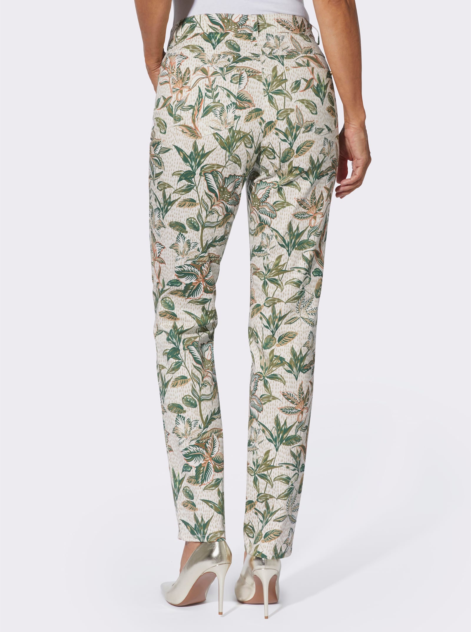 Druckhose in Satin-Qualität - ecru-oliv-bedruckt