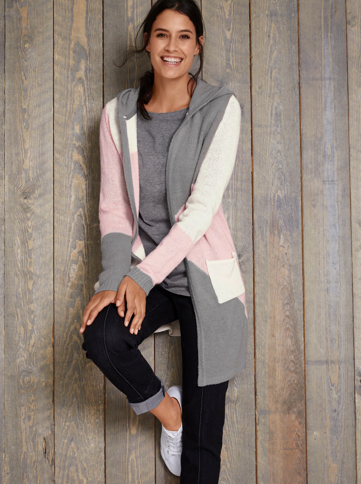 Longstrickjacke - hellrosé-gemustert