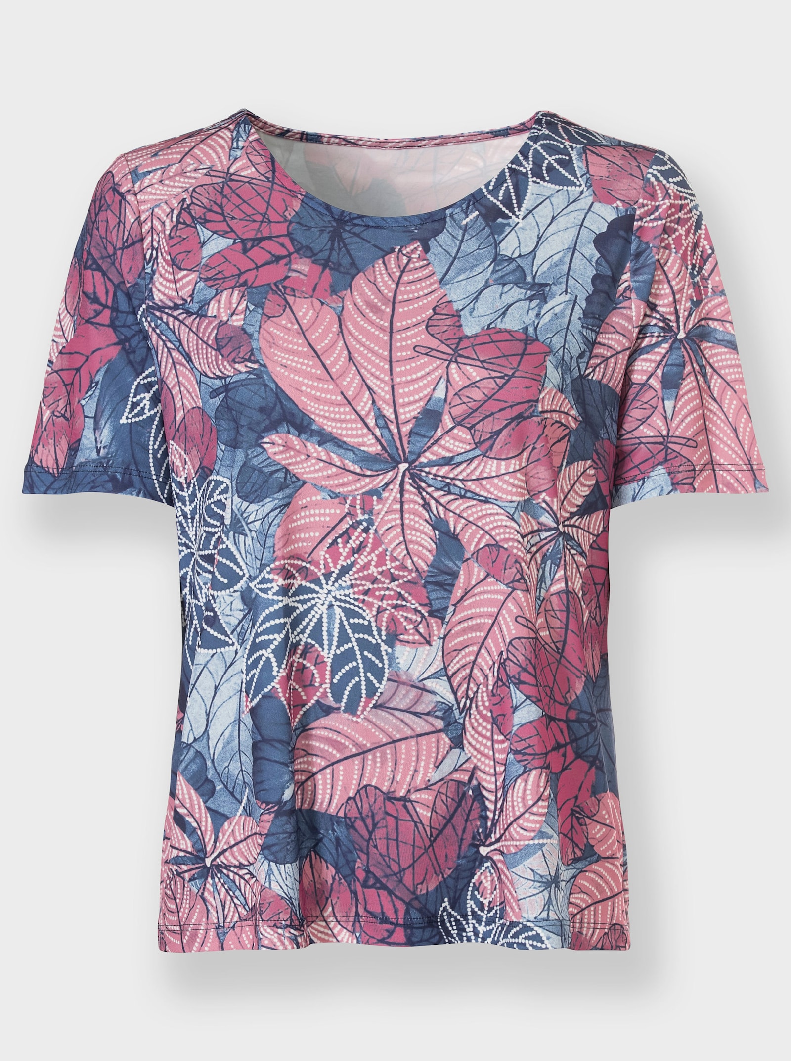 Rundhalsshirt mit Blätterdruck - jeansblau-altrosa-bedruckt