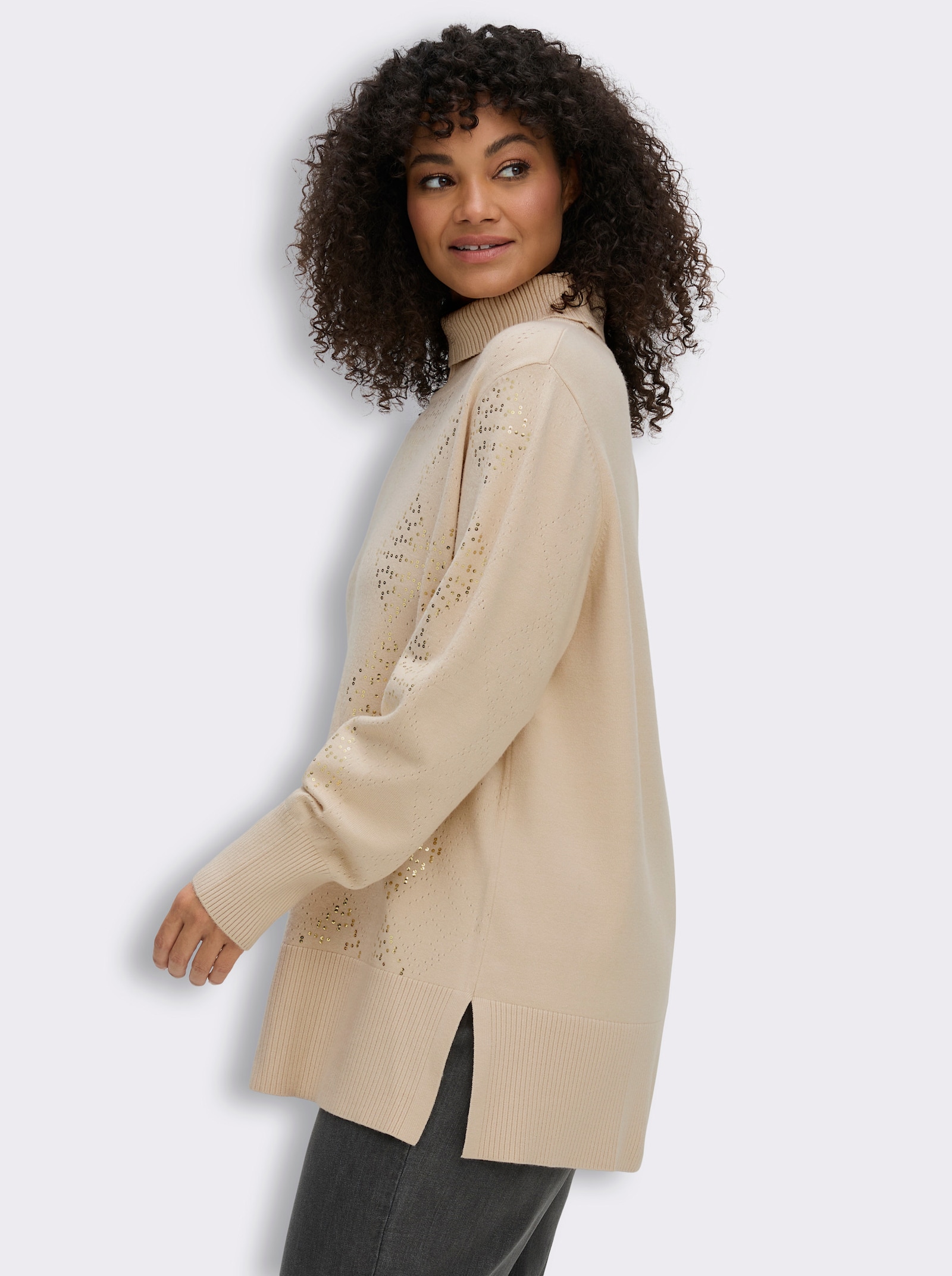 sheego Rollkragenpullover mit Pailletten-Details - elfenbein