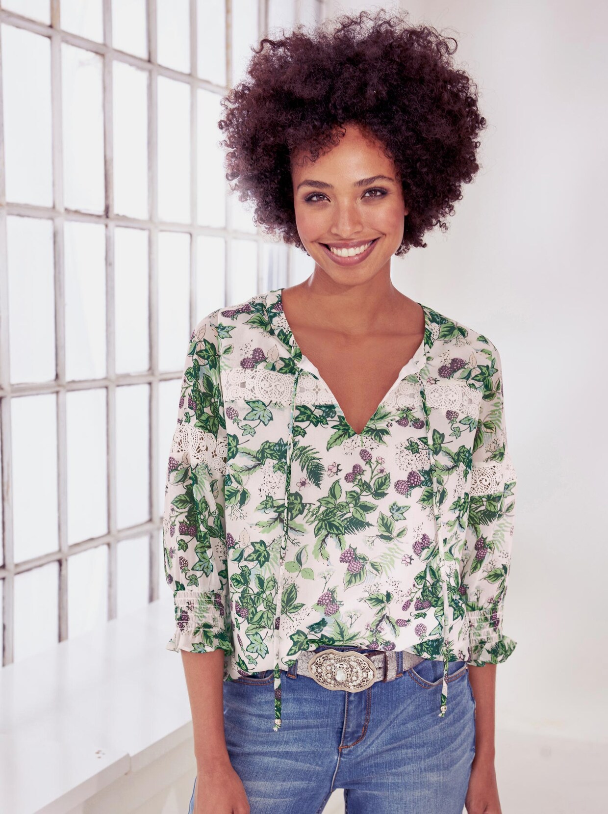Linea Tesini Druckbluse - ecru-apfel-bedruckt