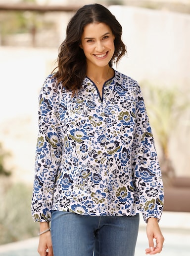 Bluse - ecru-jeansblau-bedruckt