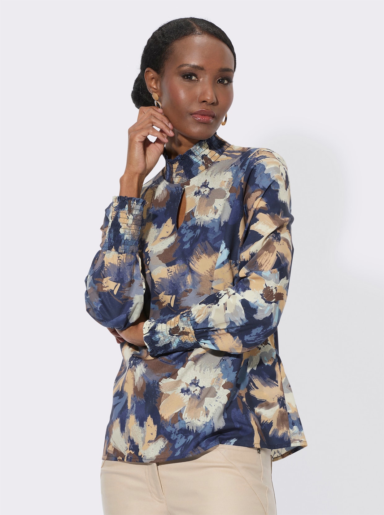 Blouse met opstaande kraag - marine/champagne bedrukt
