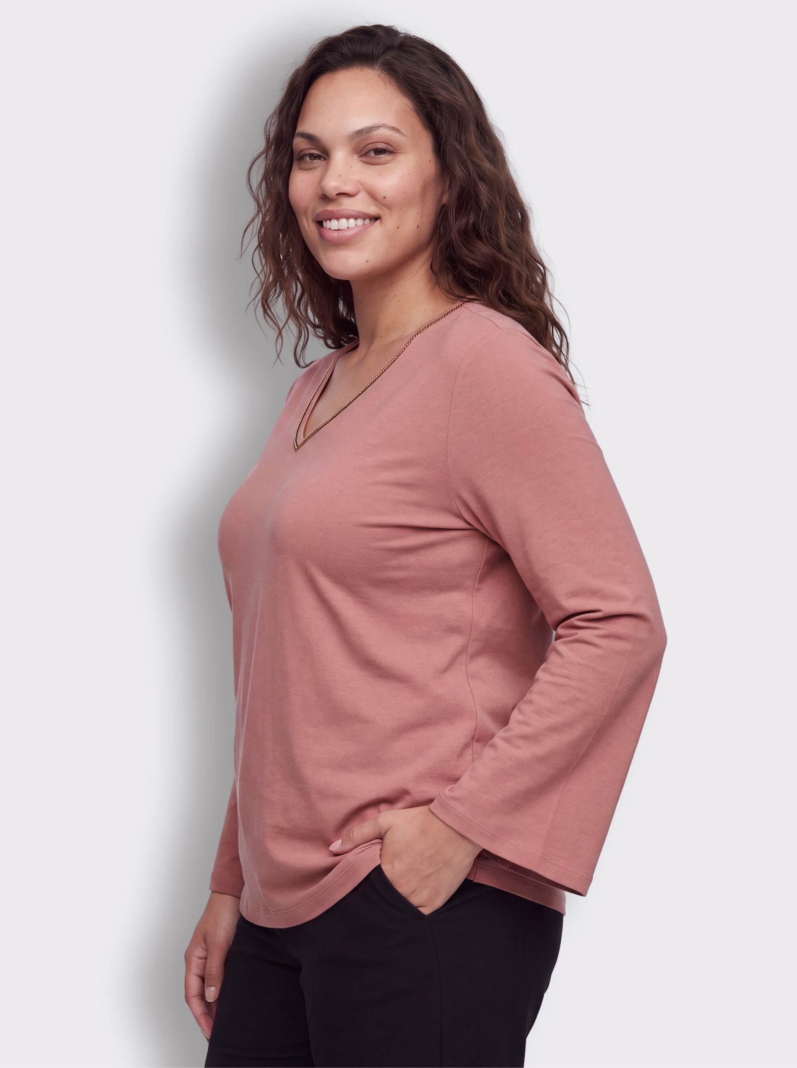 sheego Langarmshirt mit Trompetenärmeln - rosenholz