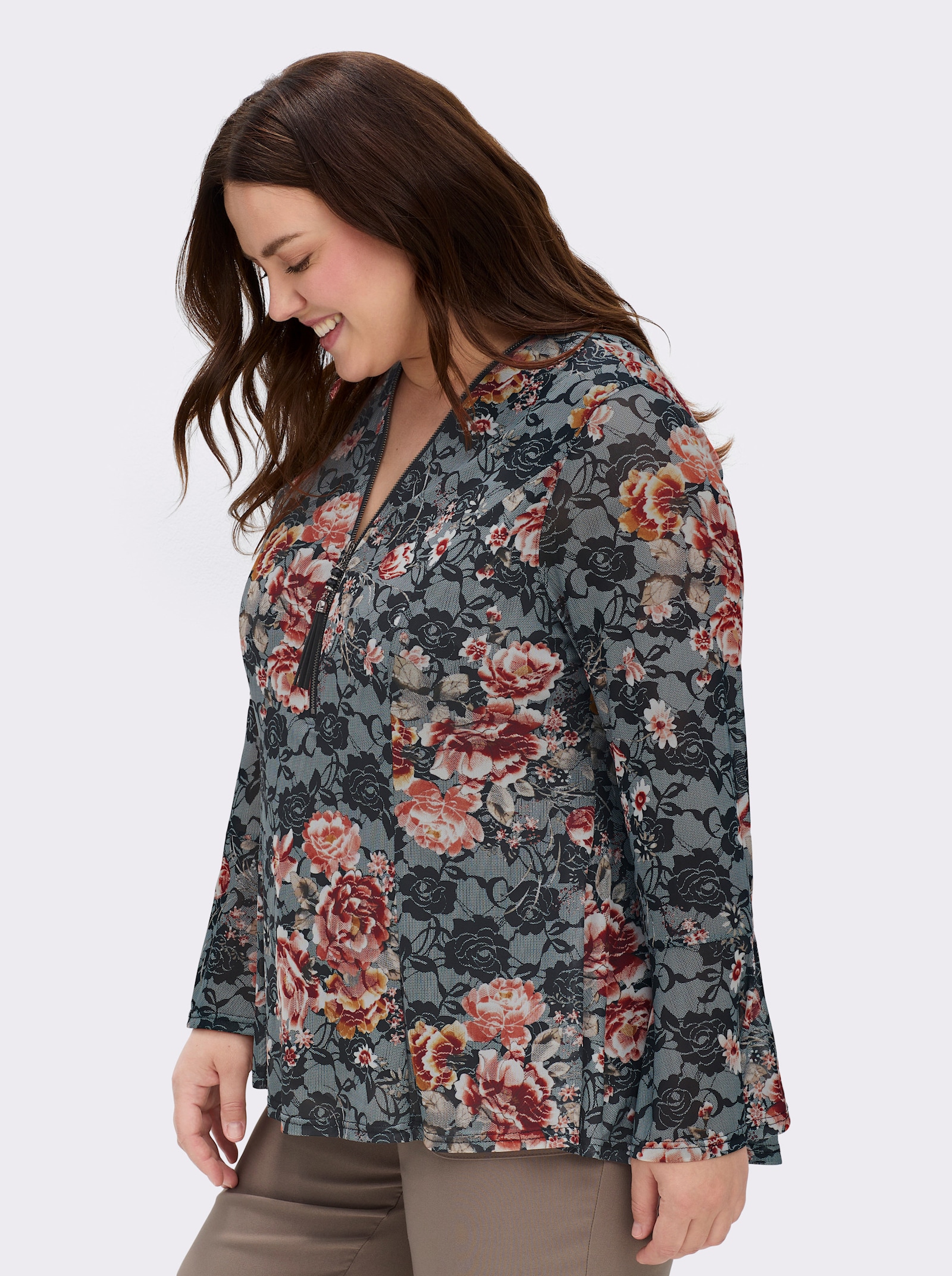 sheego by Joe Browns Shirt mit Reißverschluss am V-Ausschnitt - schwarz-bedruckt