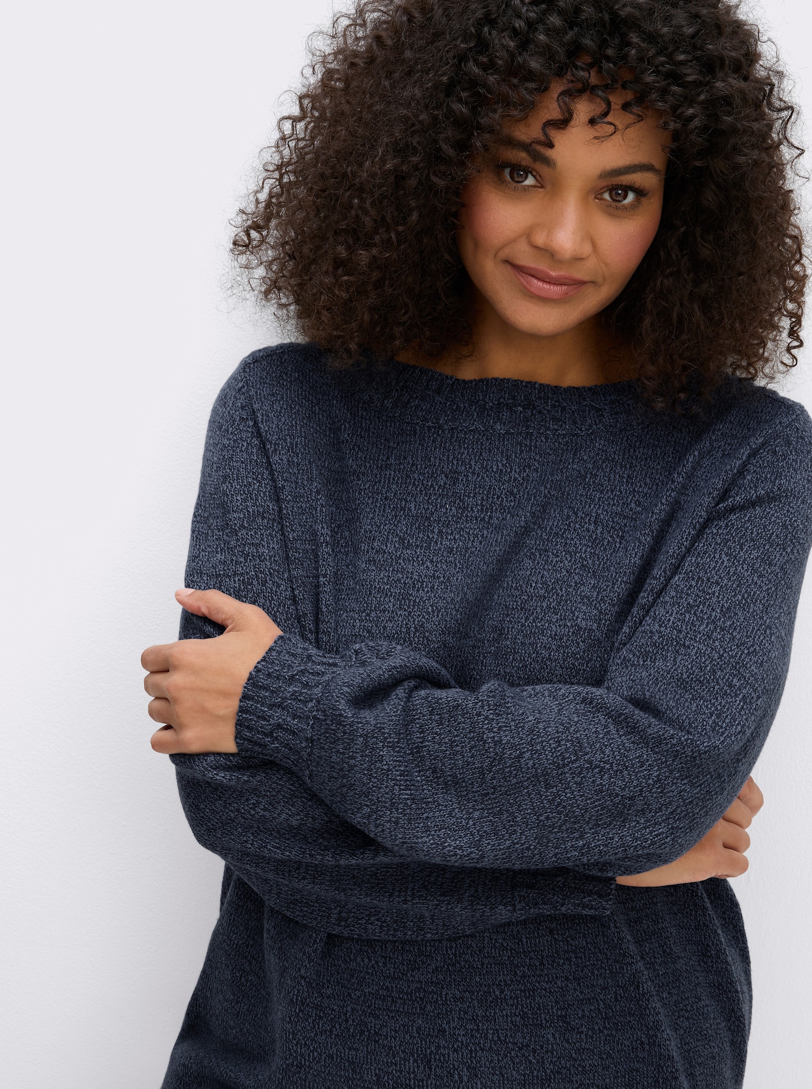 sheego Strickpullover mit U-Boot-Ausschnitt - tiefblau-meliert