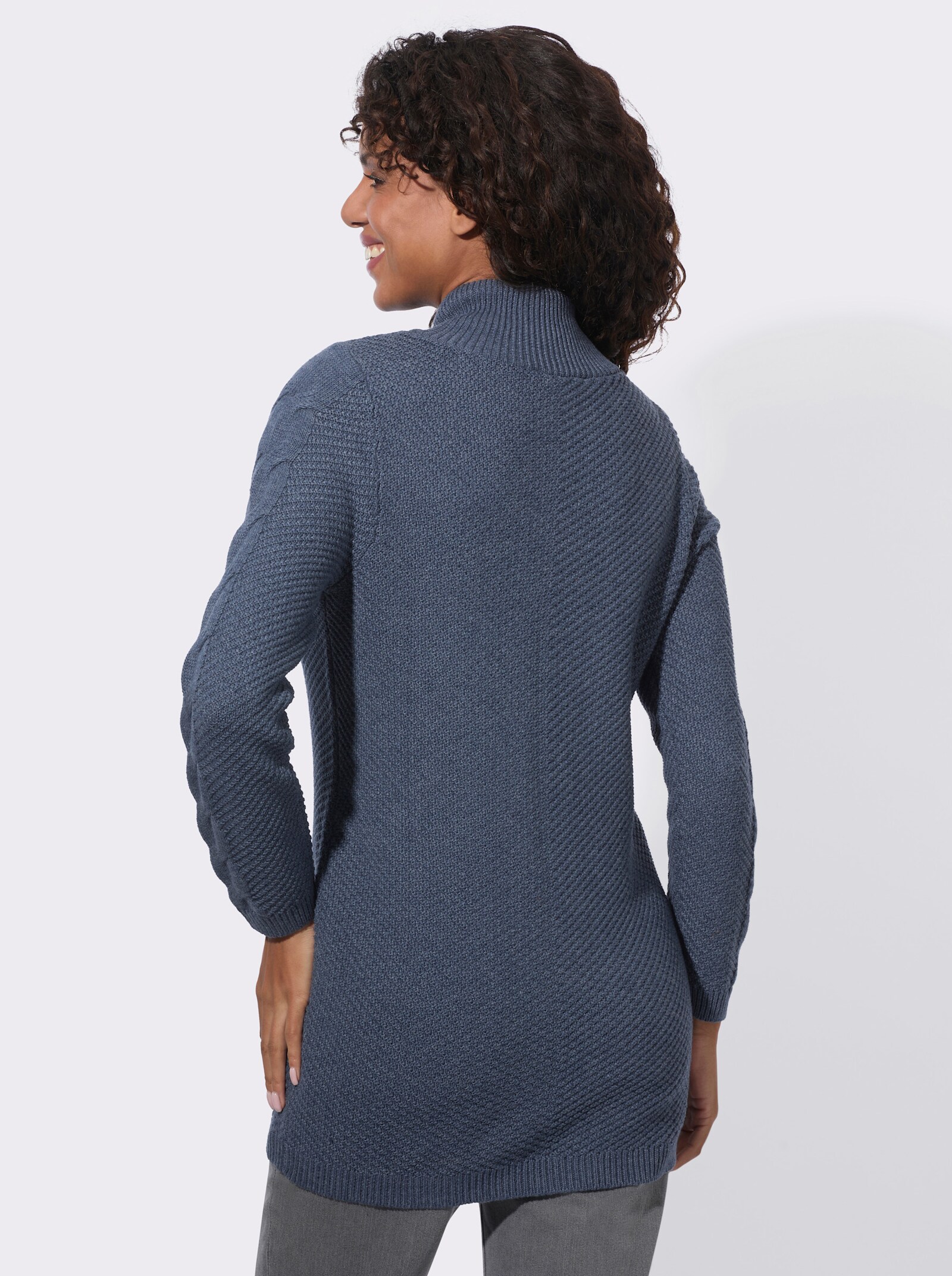 Longpullover mit Zopfmuster - rauchblau-meliert