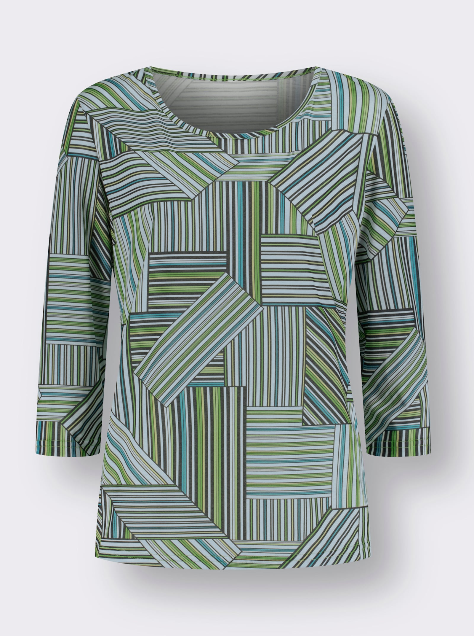 Tričko s 3/4 rukávem a patchworkovým potiskem - tyrkysová-jablková-potisk