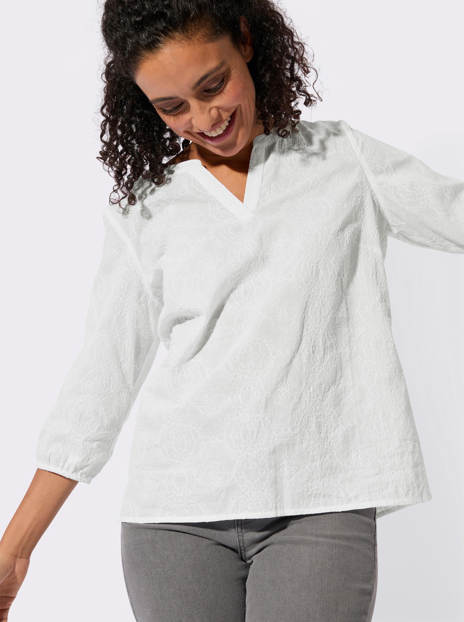 Impressionen Baumwollbluse mit Ton-in-Ton-Stickerei - weiß