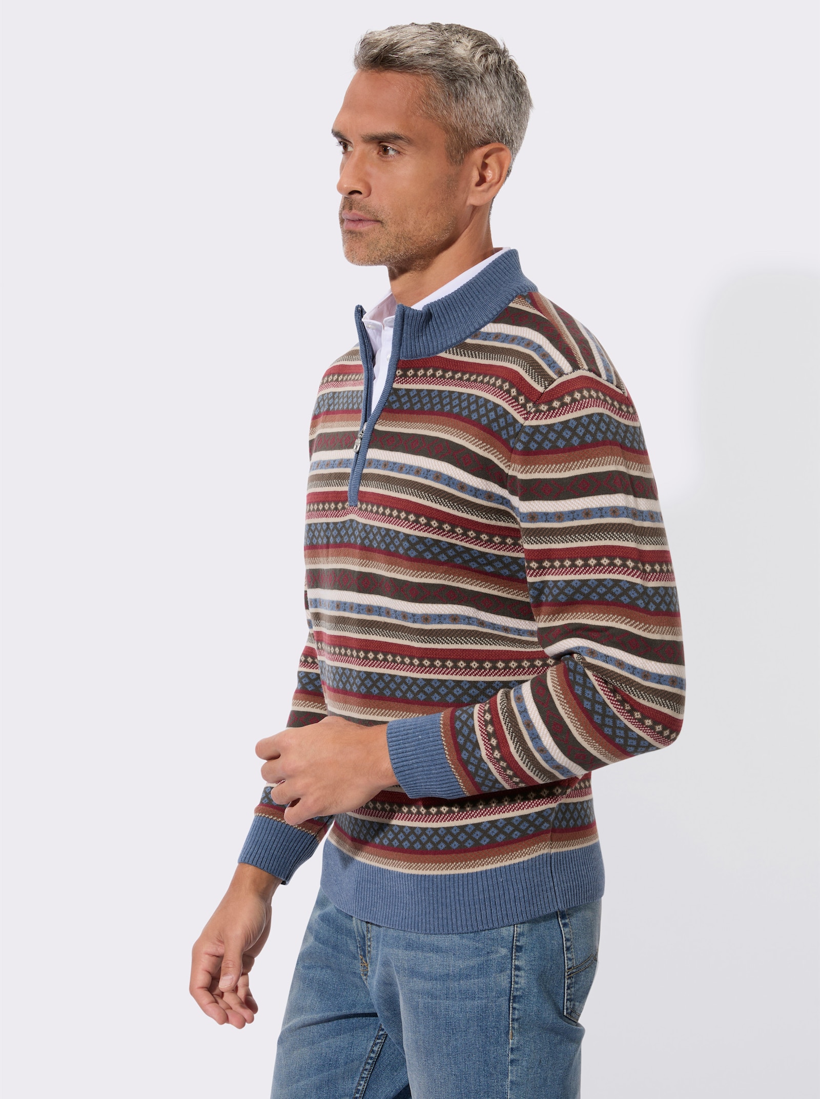 Stehkragenpullover im Norweger-Strickmuster - jeansblau-gemustert