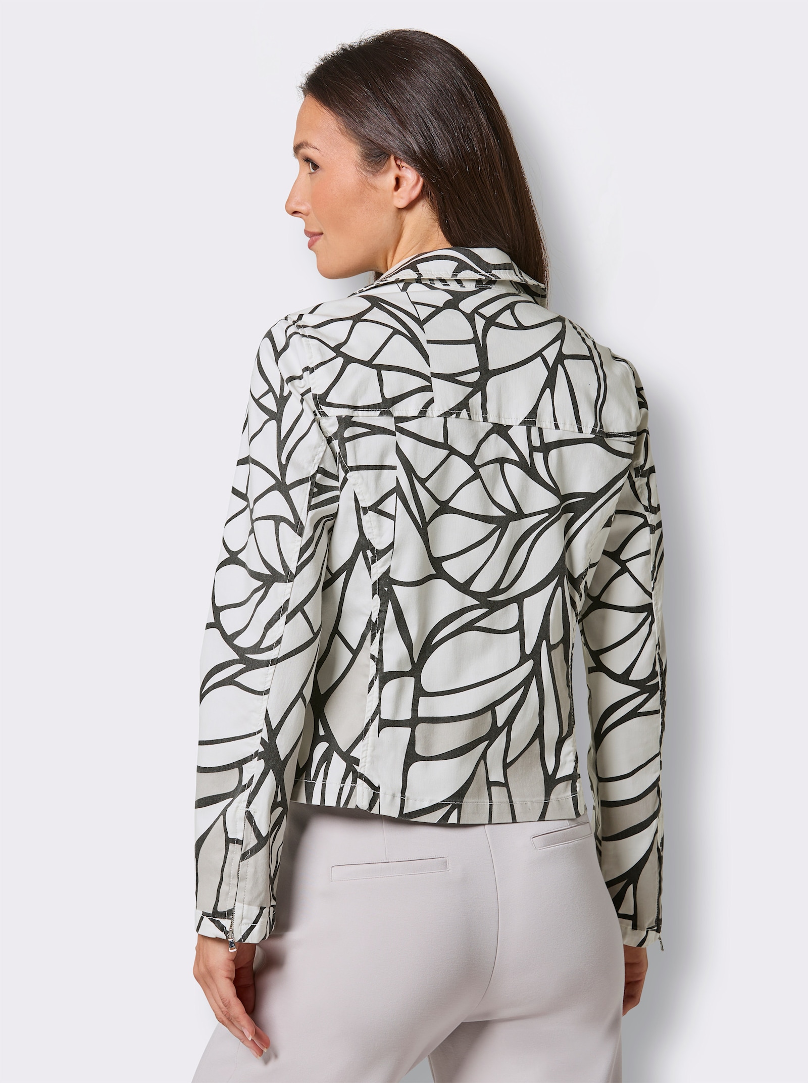 CREATION L PREMIUM Jeansjacke im Blätterdessin - weiß-schwarz-bedruckt