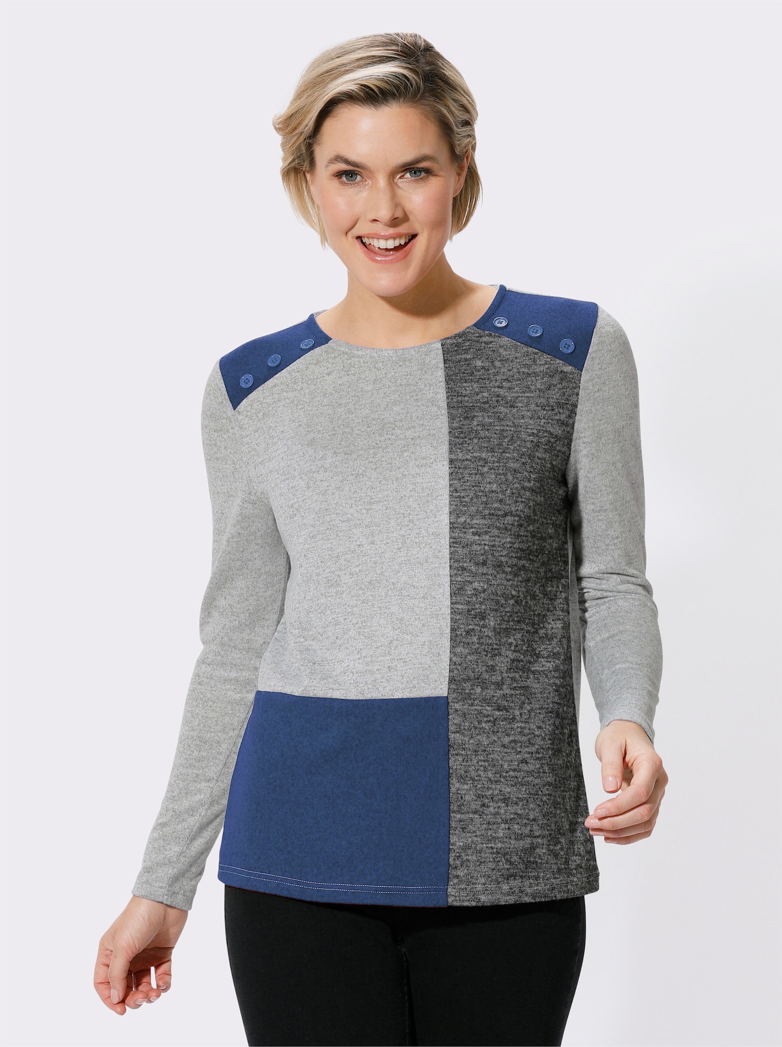 Shirt met lange mouwen van licht geruwde stof - grijs/koningsblauw gedessineerd