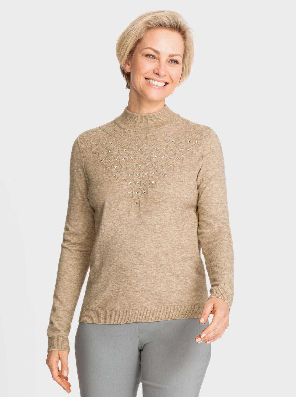 Trui met opstaande kraag - beige gemêleerd